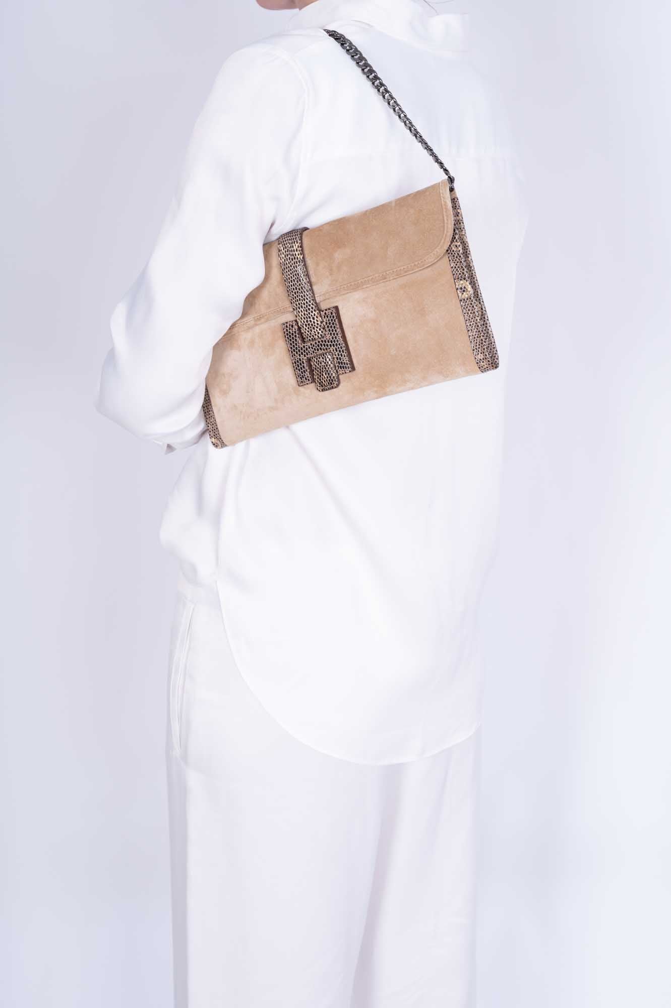 Hermès Jige Elan Clutch Sable Doblis Suede and Ombré Lizard