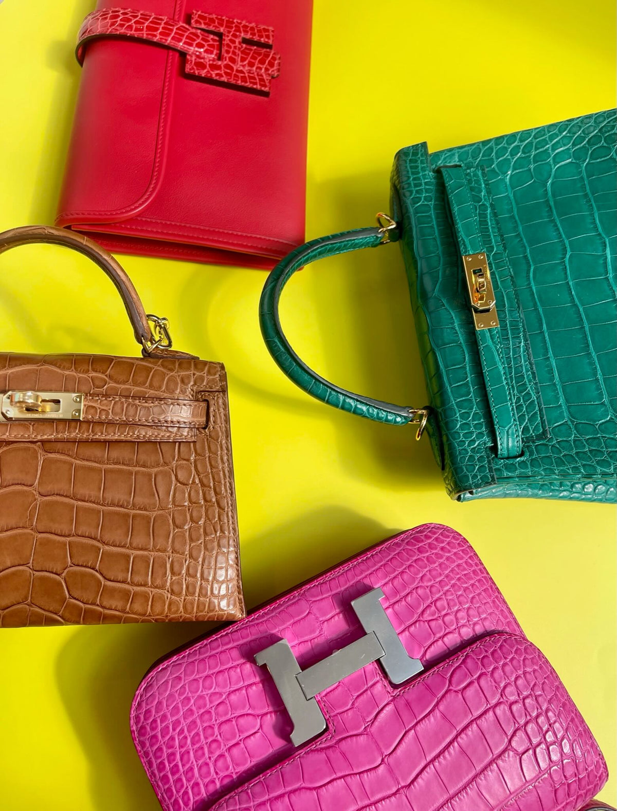 Hermès Jige Élan Rouge de Coeur Shiny Alligator & Swift, flat lay with other bags