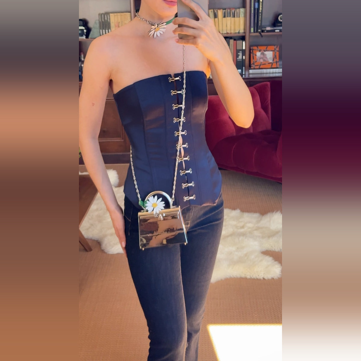 Hermès Kelly 15 Sterling Silver Chaîne d'Ancre Strap, worn crossbody on the Chaîne d'Ancre strap by a model, charm sold separately