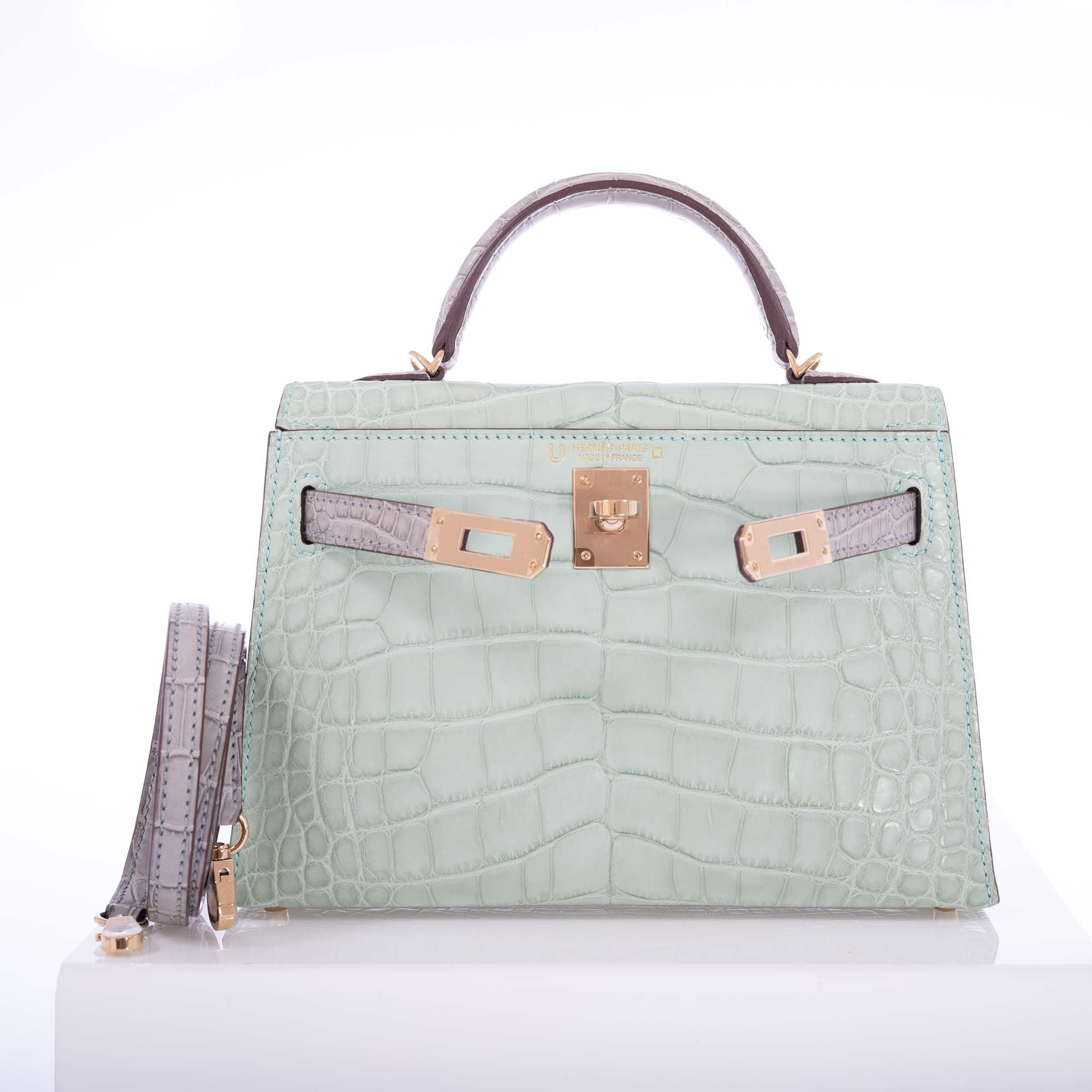 Hermès Kelly 20 HSS Mini II Sellier Vert D'eau and Gris Perle Matte Alligator Permabrass Hardware