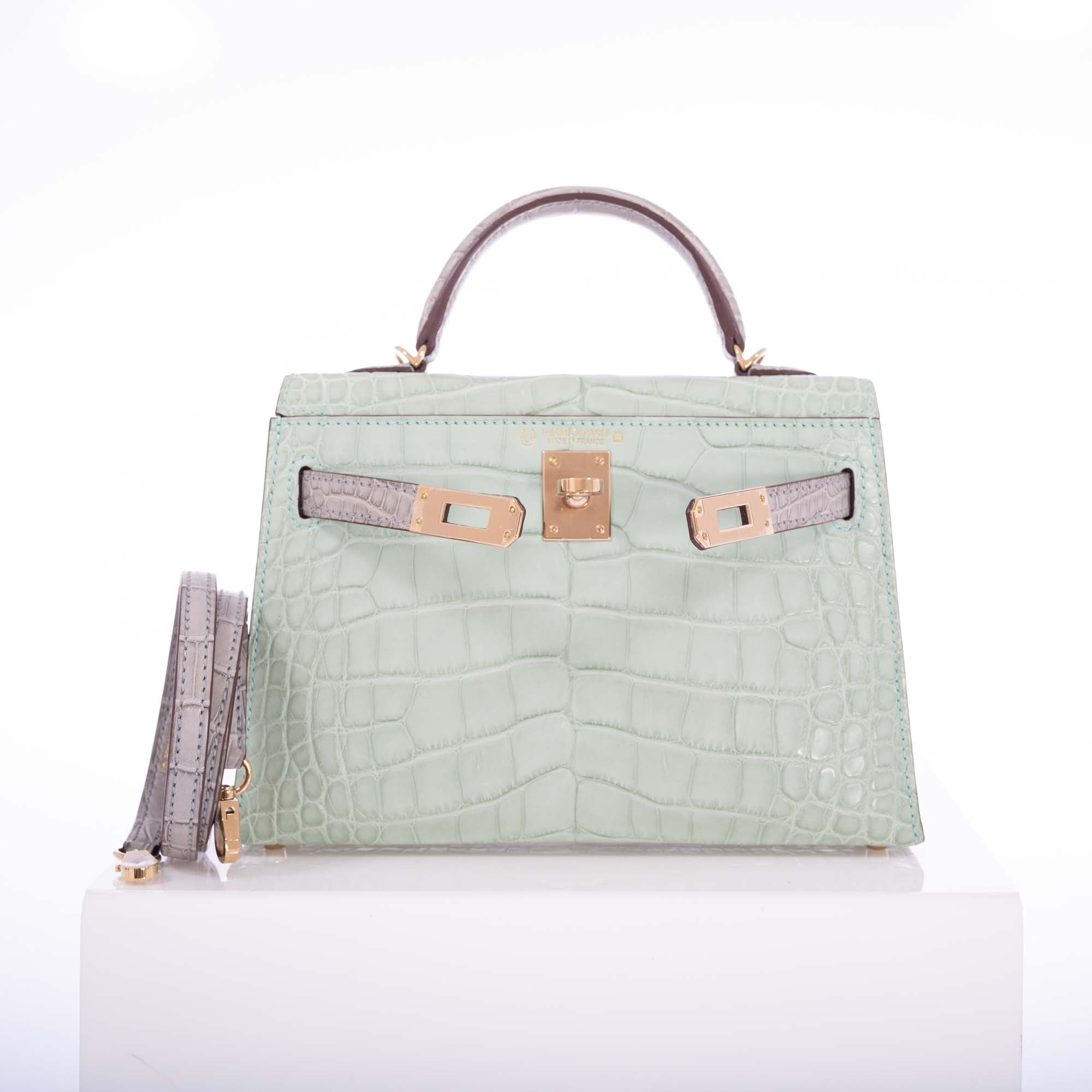 Hermès Kelly 20 HSS Mini II Sellier Vert D'eau and Gris Perle Matte Alligator Permabrass Hardware