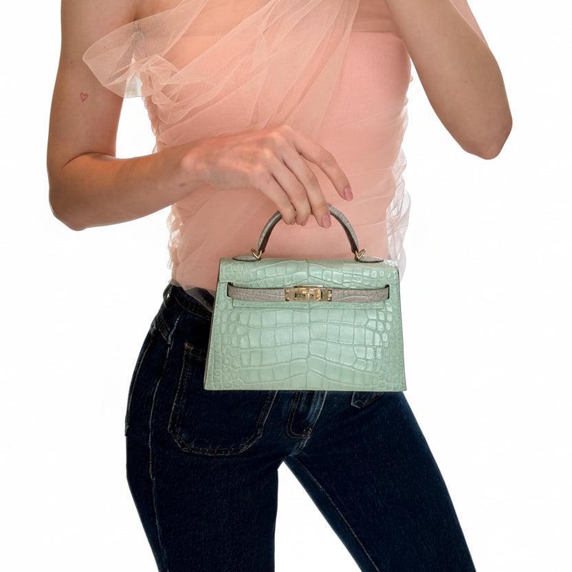 Hermès Kelly 20 HSS Mini II Sellier Vert D'eau and Gris Perle Matte Alligator Permabrass Hardware