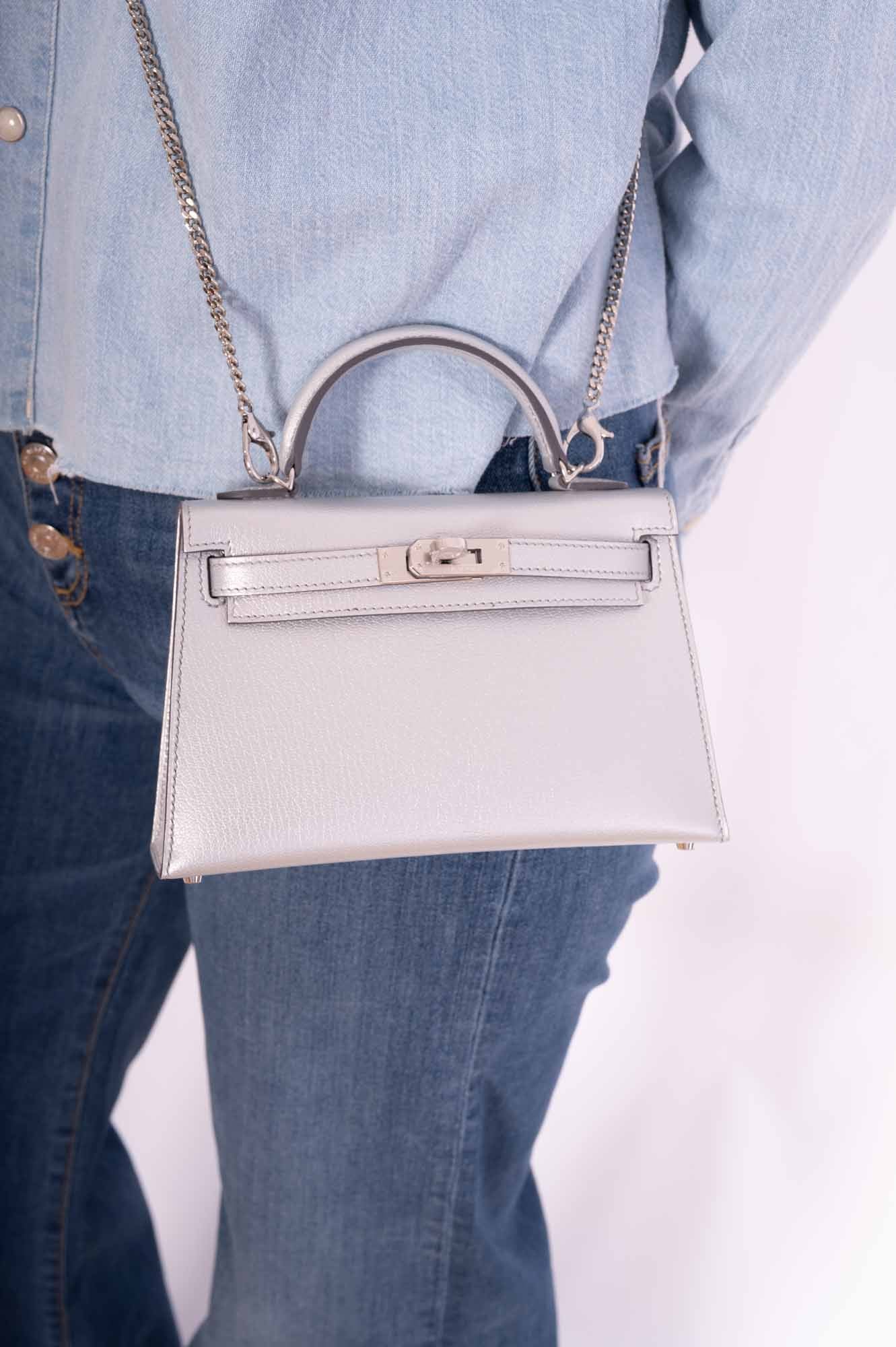 Hermès Kelly 20 Mini II Sellier Argent Silver Metallic Chèvre Chamkilight Palladium Hardware
