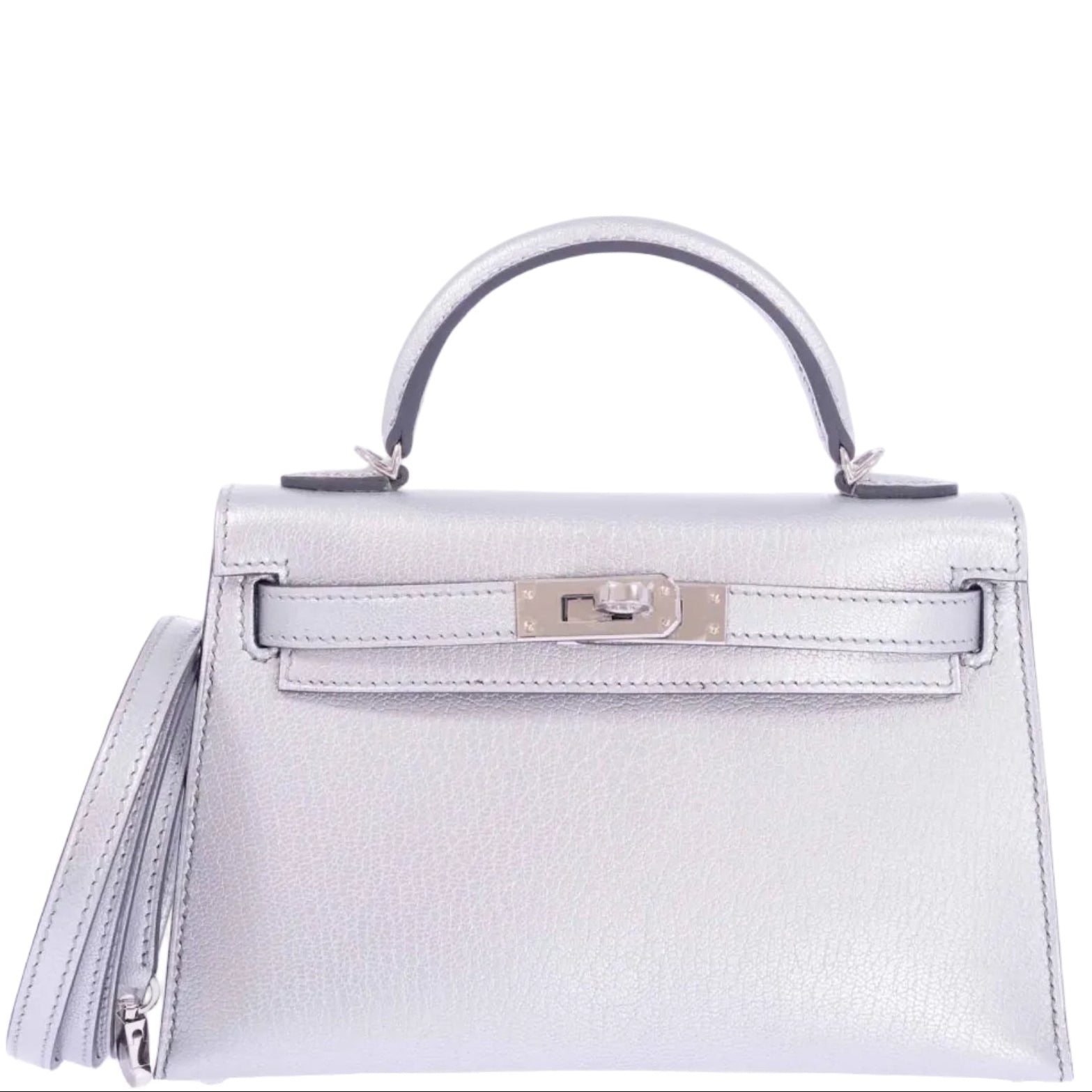 Hermès Kelly 20 Mini II Sellier Argent Silver Metallic Chèvre Chamkilight Palladium Hardware