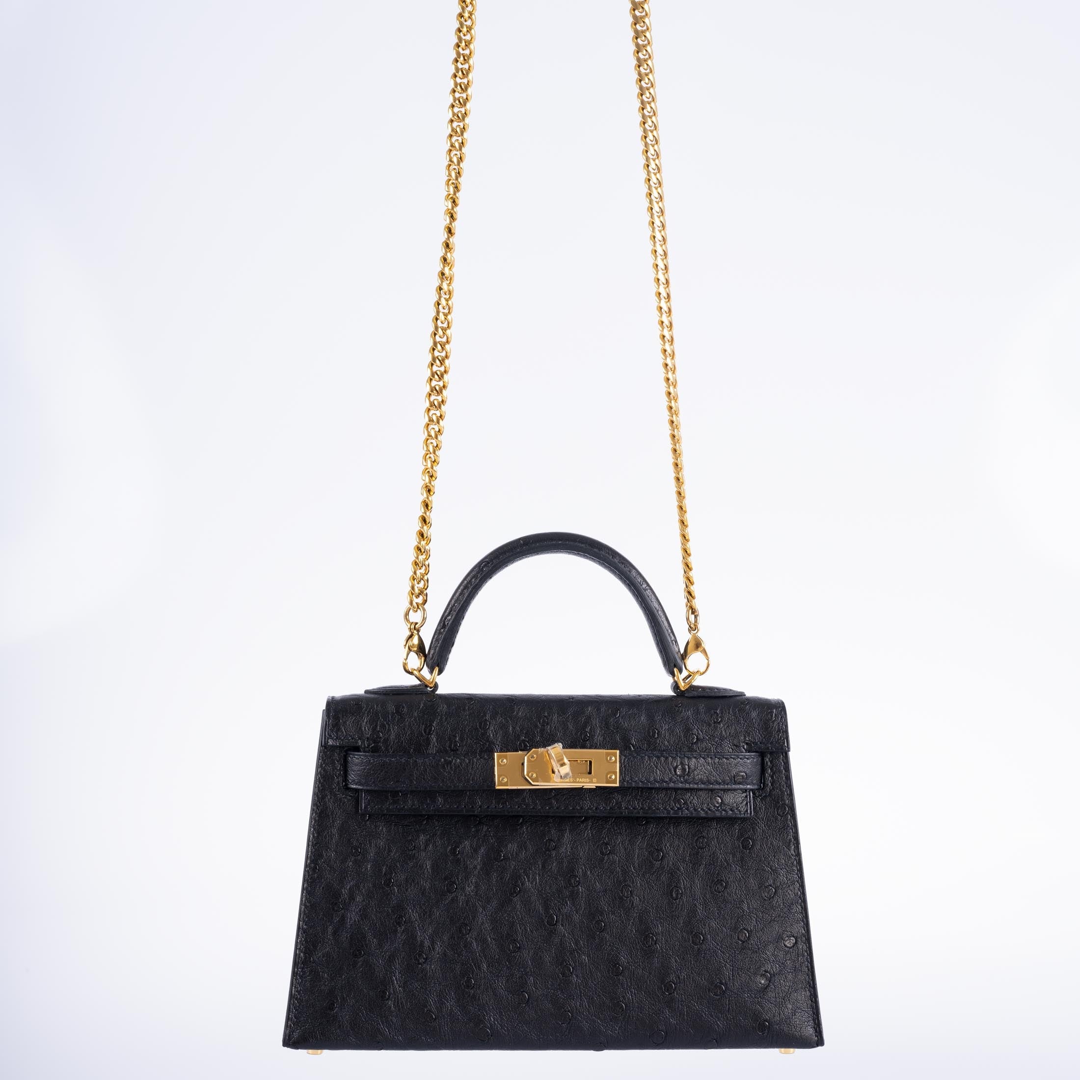 Hermès Kelly 20 Mini II Sellier Black Ostrich Gold Hardware