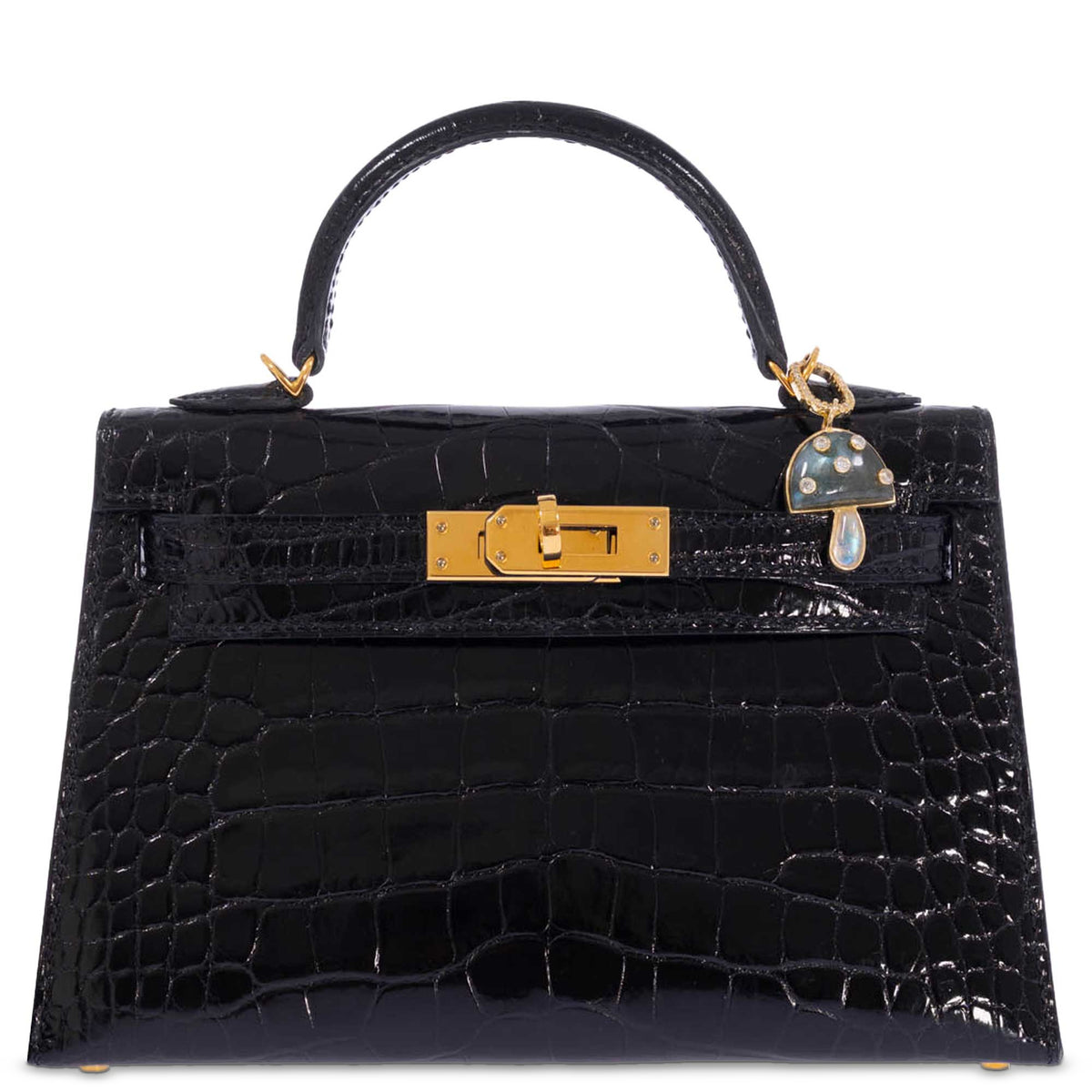 Hermès Kelly 20 Mini II Sellier Black Shiny Alligator Gold Hardware, front view