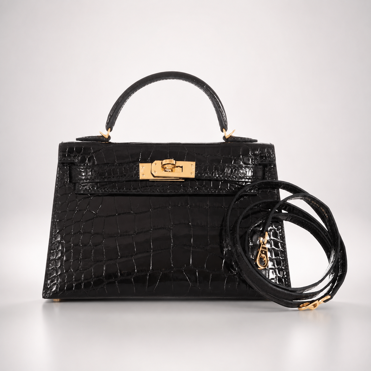 Hermès Kelly 20 Mini II Sellier Black Shiny Alligator Gold Hardware