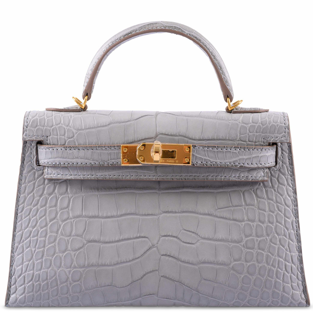 Hermès Kelly 20 Mini II Sellier Gris Perle Matte Alligator Gold Hardware, front view