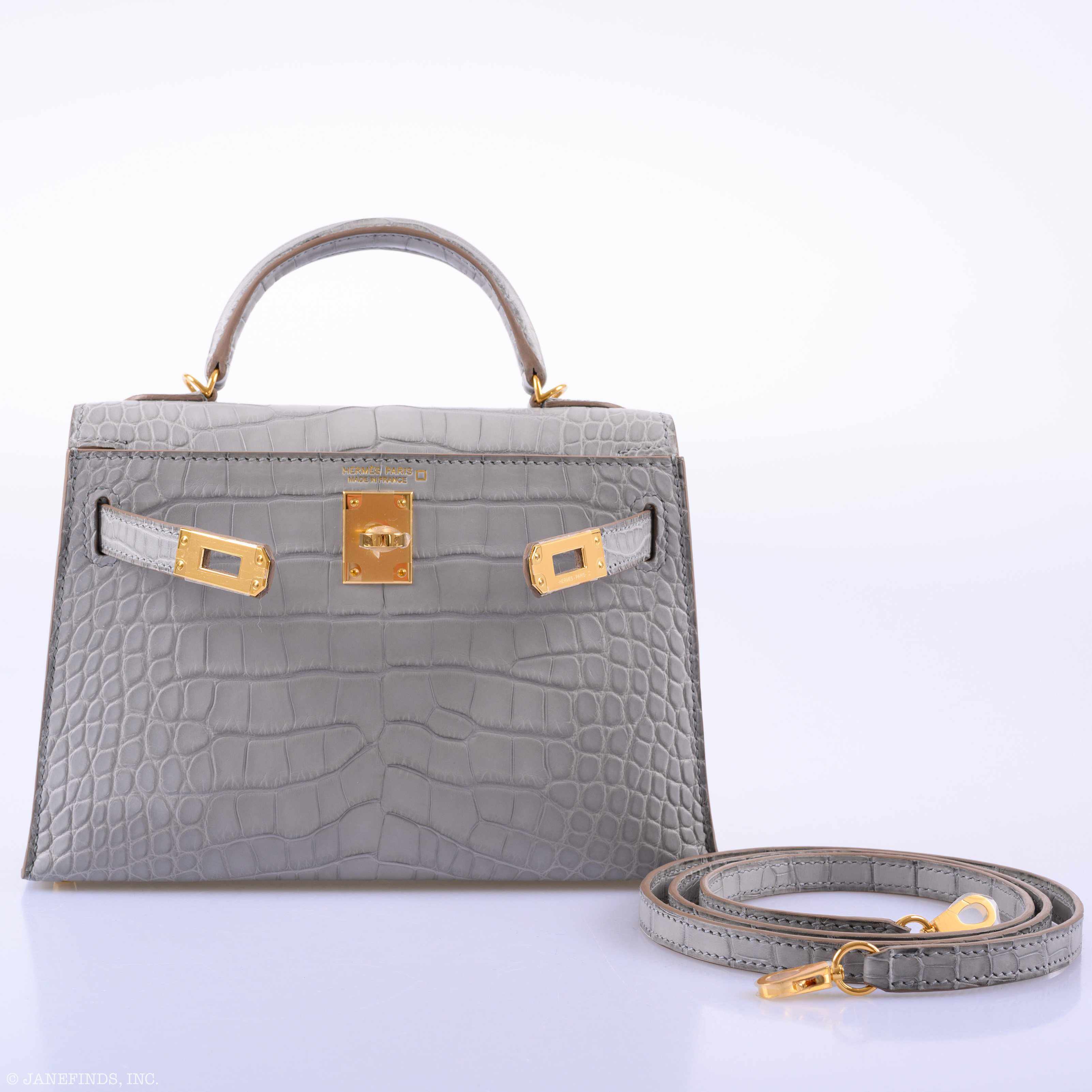 Hermès Kelly 20 Mini II Sellier Gris Perle Matte Alligator Gold Hardware