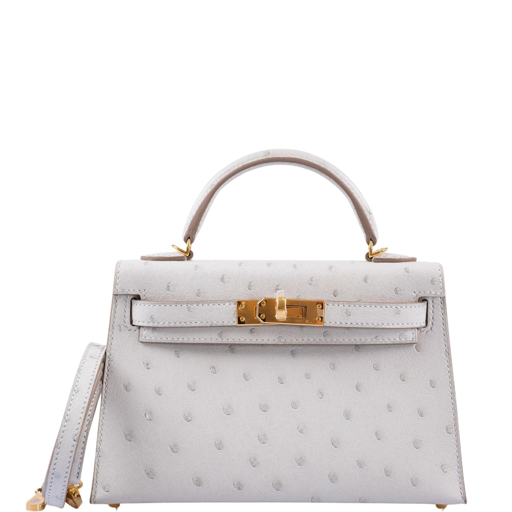 Hermès Kelly 20 Mini II Sellier Gris Perle Ostrich with Gold Hardware