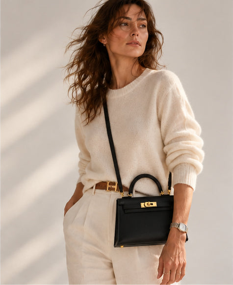 Hermès Kelly 20 Mini II Noir Epsom with Permabrass hardware, worn on its black shoulder strap by a standing brunette model in an ivory knit sweater and cream trousers.