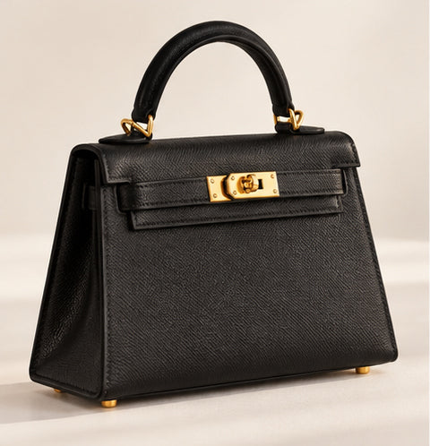 Hermès Kelly 20 Mini II Noir Epsom with Permabrass hardware, closed three-quarter view against a warm neutral background.