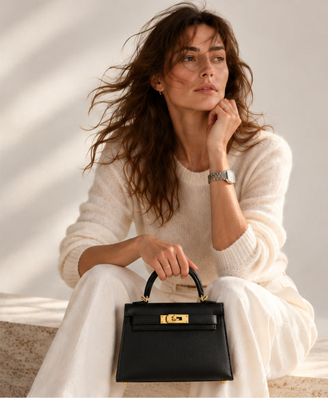 Hermès Kelly 20 Mini II Noir Epsom with Permabrass hardware, held by its top handle by a seated brunette model wearing an ivory sweater and cream trousers.
