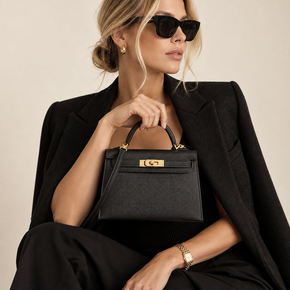 Styling visualization of the Hermès Kelly 20 Mini II Noir Epsom with Permabrass hardware, held closed by a seated model in black against a beige studio background.