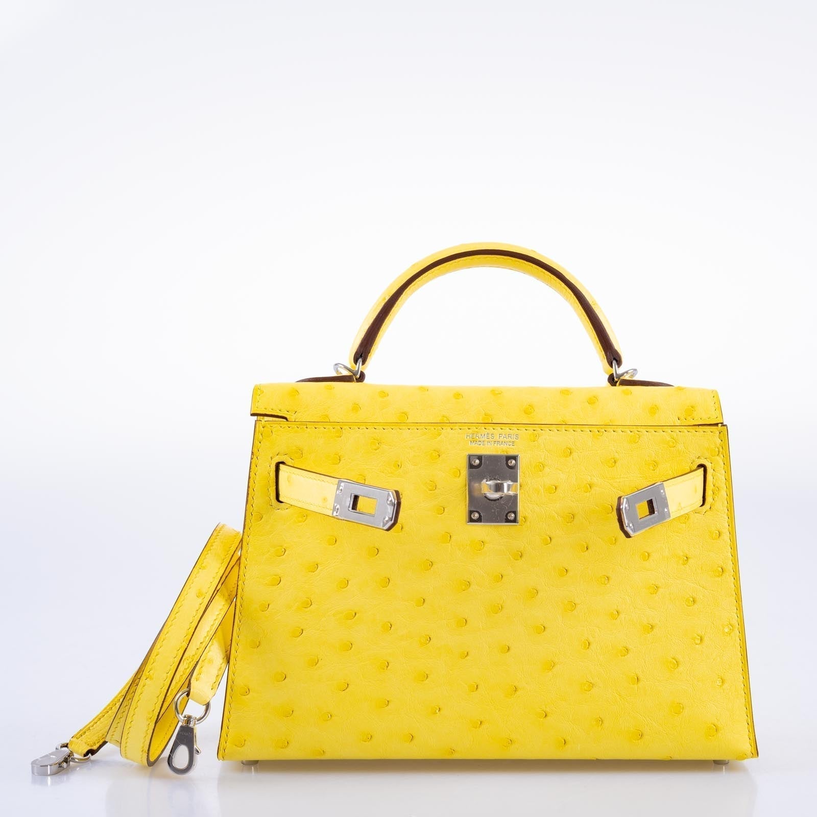 Hermès Mini Kelly 20 II Sellier Jaune Citron Ostrich Palladium Hardware