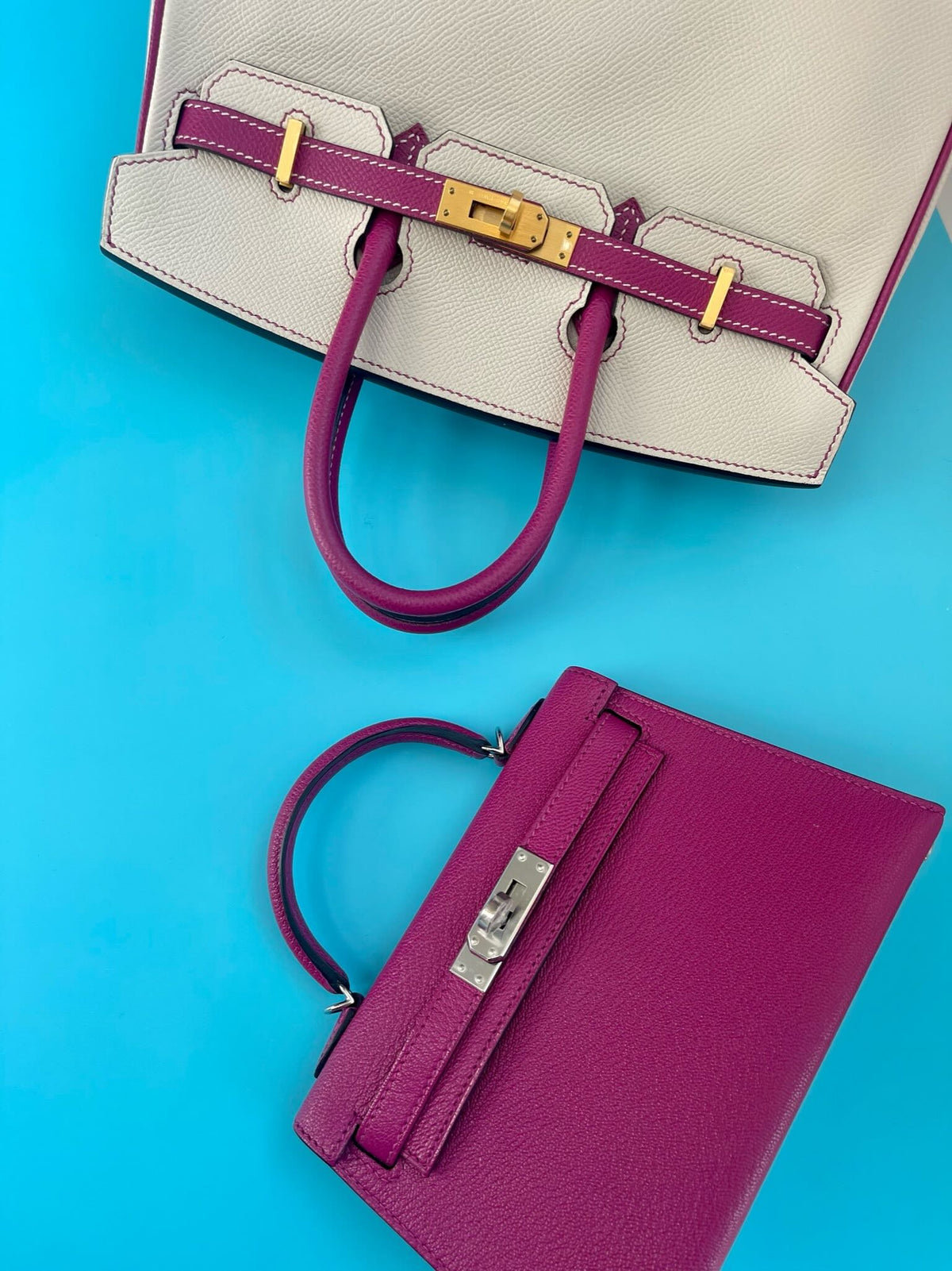 Hermès Kelly 20 Mini II Sellier Rose Pourpre Chevre Leather Palladium Hardware, flat lay beside a Rose Pourpre Kelly
