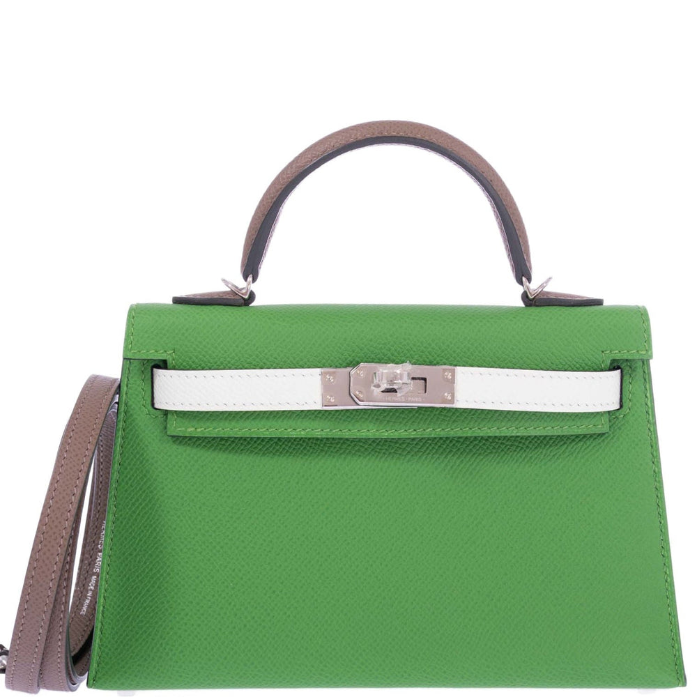 Hermès Kelly 20 Mini II Sellier Tri-Color Vert Yucca, Vert Fizz and Étoupe Epsom Palladium Hardware, front view, closed with shoulder strap