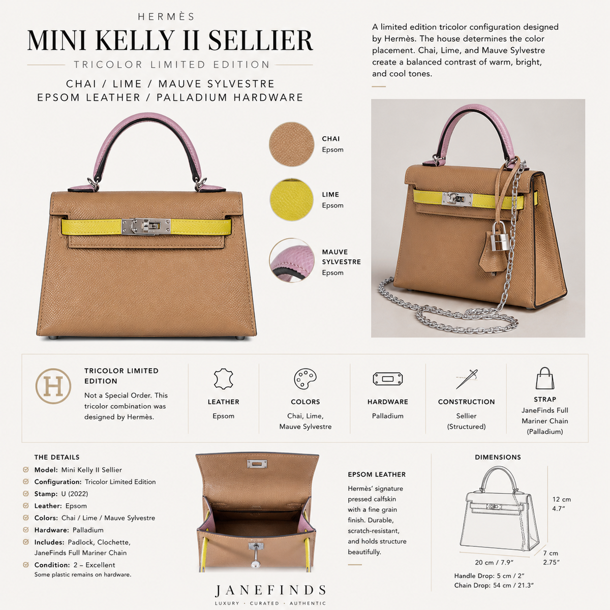 Hermès Kelly 20 Mini II Sellier Tricolor Chai Lime Mauve Sylvestre Epsom Palladium Hardware