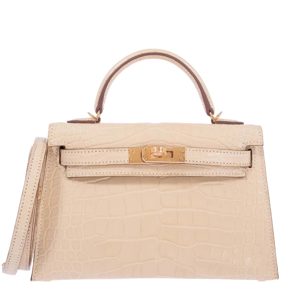 Hermès Kelly 20 Mini II Sellier Vanille Matte Alligator Gold Hardware, front view