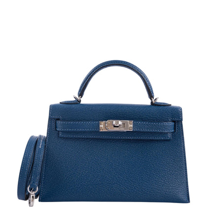 Hermès Kelly 20 Mini II Sellier Verso Blue Deep and Ebène Chèvre Palla ...