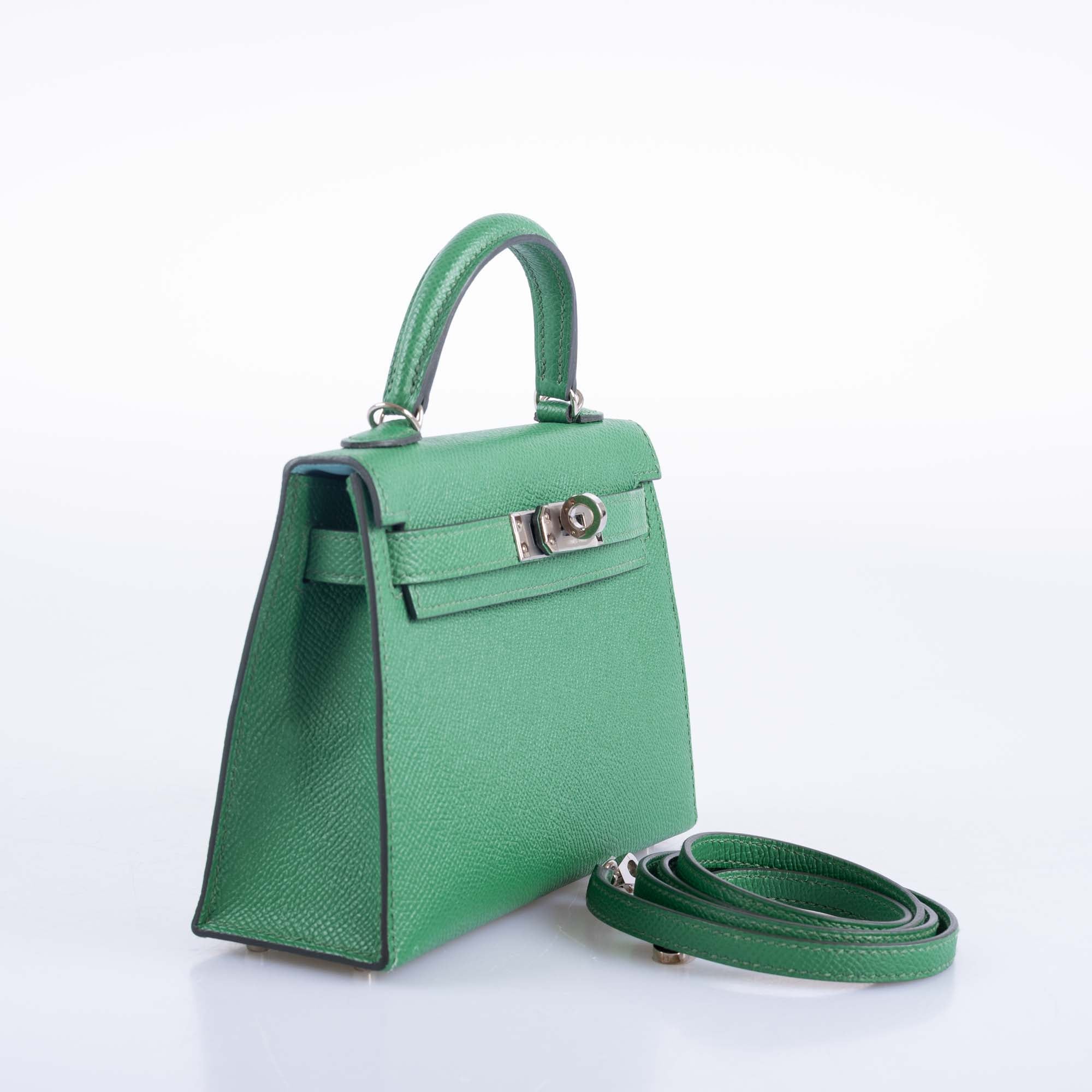 Hermes Kelly 20 Mini II Sellier Verso Cactus & Bleu Atoll Epsom Palladium Hardware