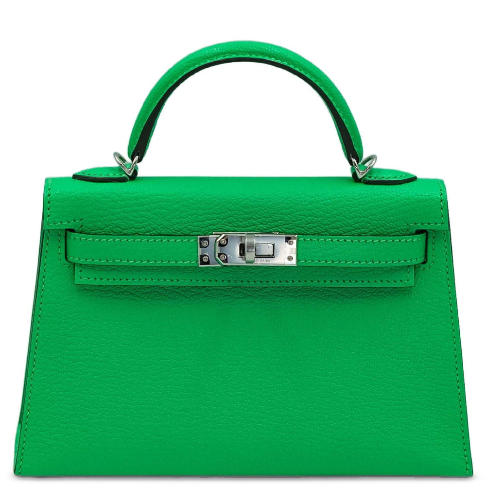 Hermès Kelly 20 Mini II Sellier Vert Comics Chèvre Mysore Palladium Hardware, front view