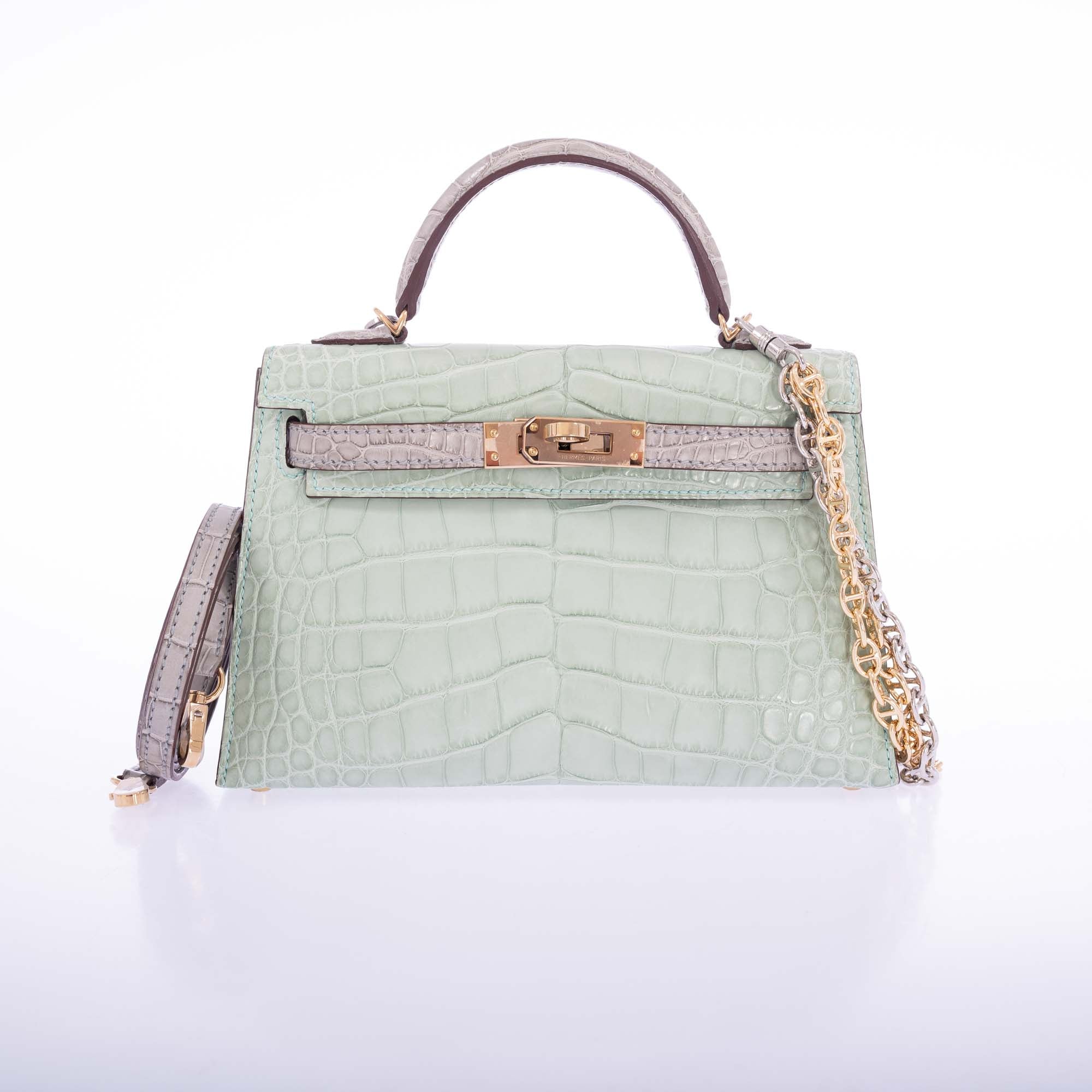 Hermès Kelly 20 Mini II Sellier Vert D'eau and Gris Perle Matte Alligator Permabrass Hardware