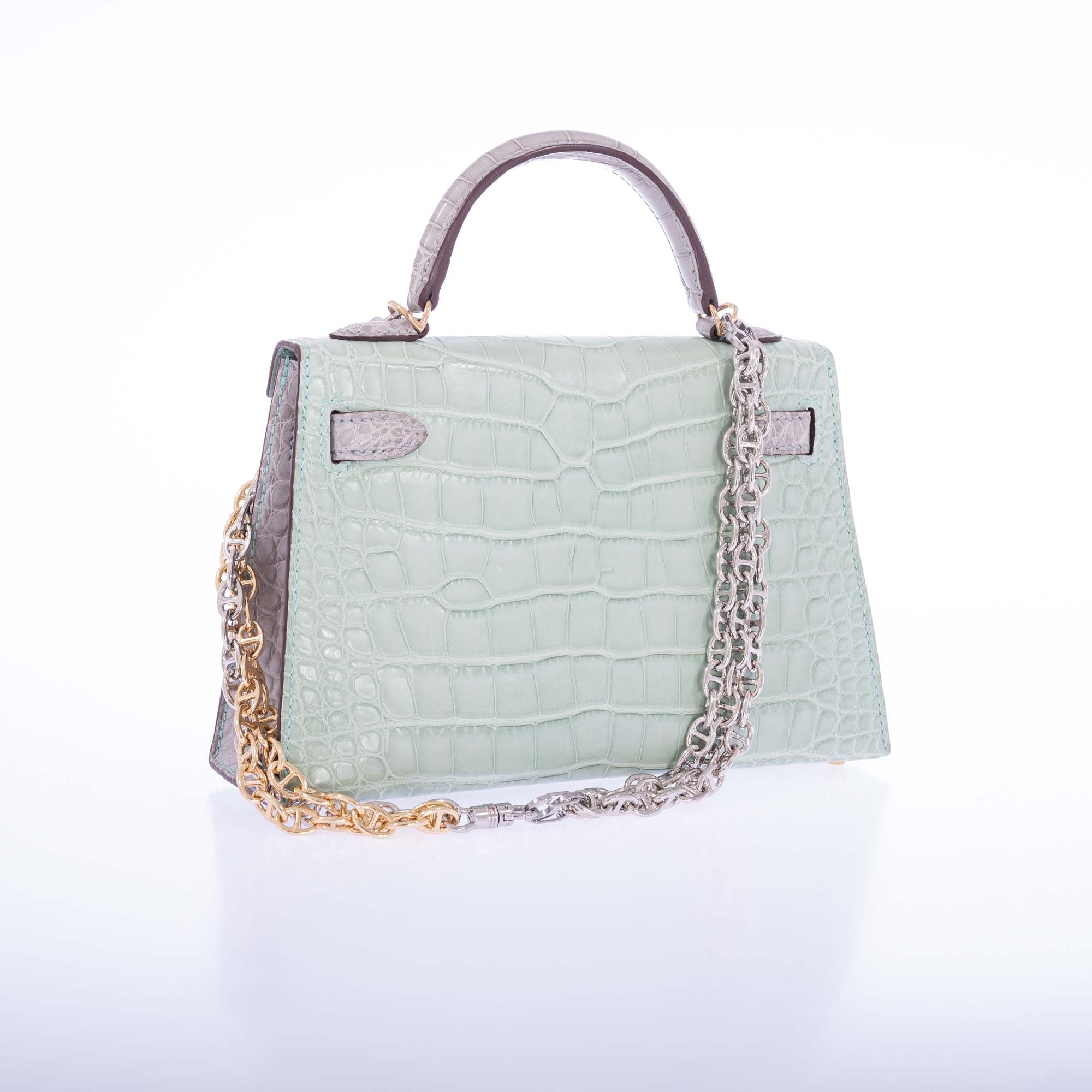 Hermès Kelly 20 Mini II Sellier Vert D'eau and Gris Perle Matte Alligator Permabrass Hardware