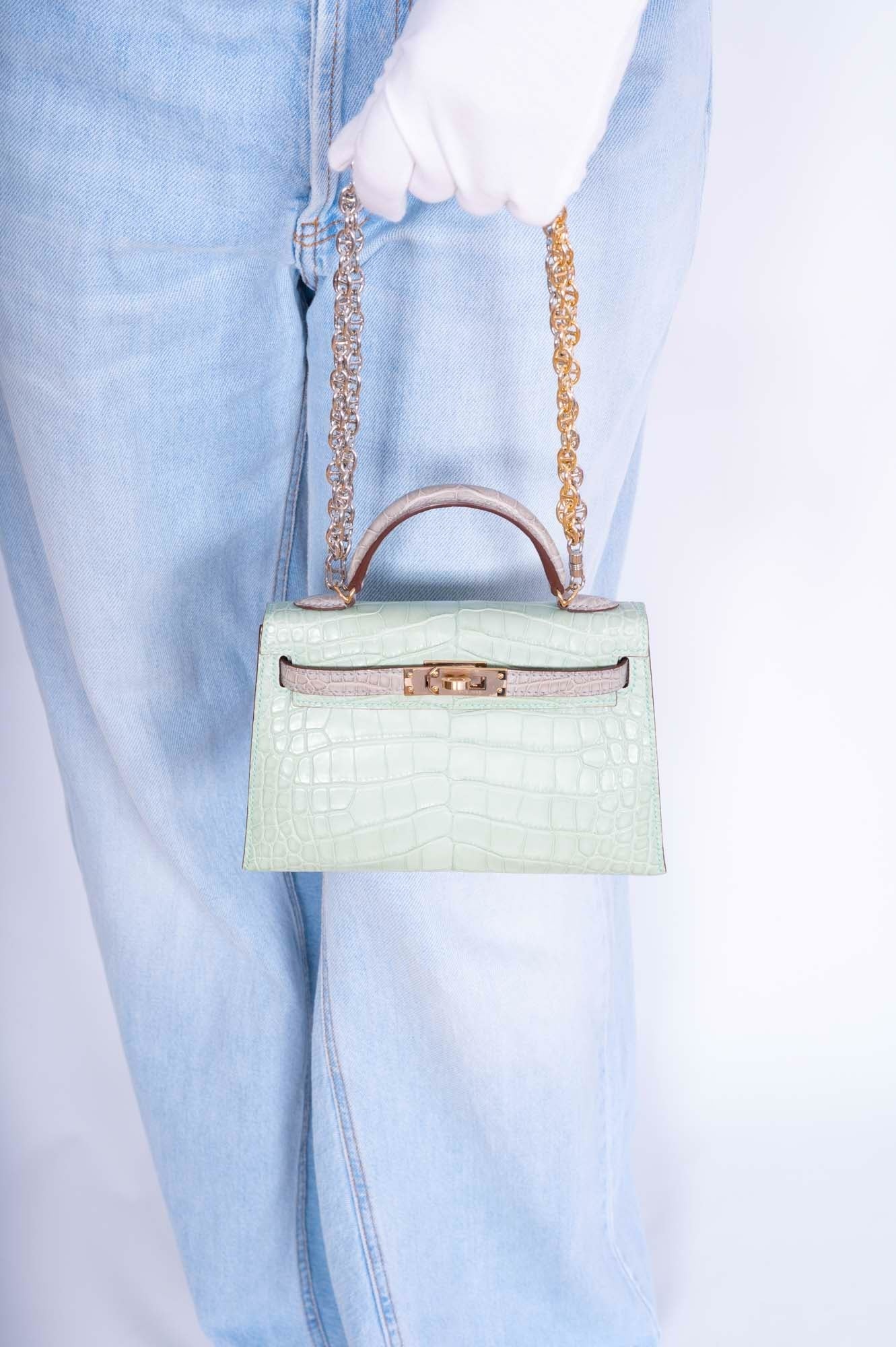 Hermès Kelly 20 Mini II Sellier Vert D'eau and Gris Perle Matte Alligator Permabrass Hardware