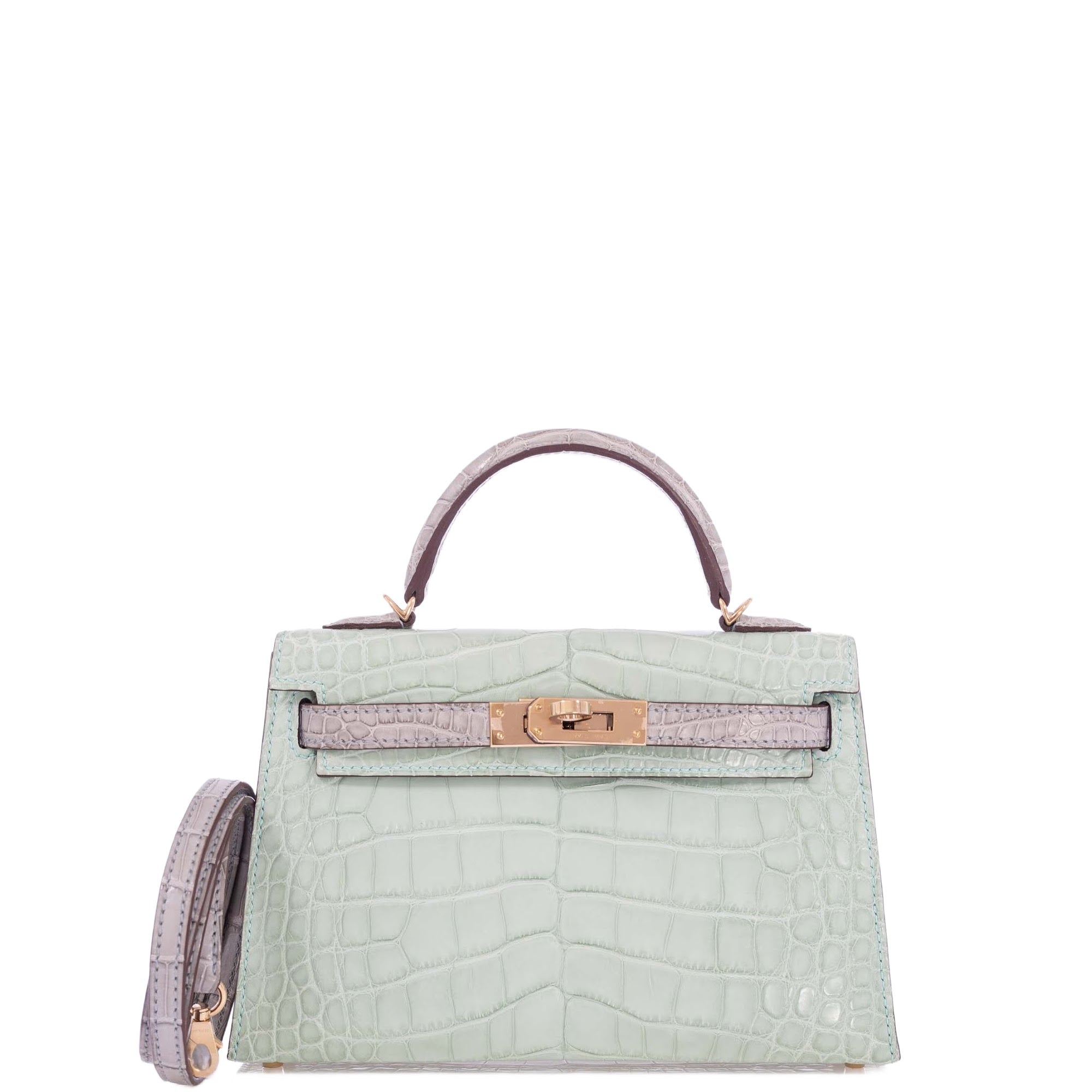 Hermès Kelly 20 Mini II Sellier Vert D'eau and Gris Perle Matte Alligator Permabrass Hardware