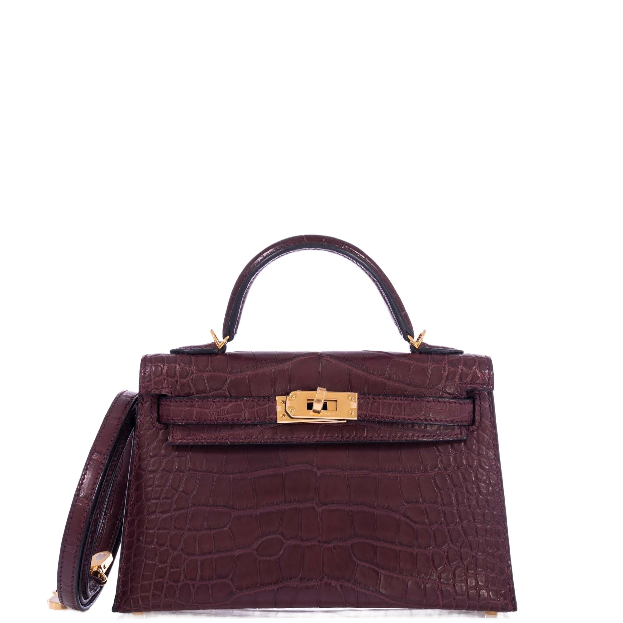 Hermès Kelly 20 Mini Sellier Bordeaux Matte Porosus Crocodile Gold Hardware