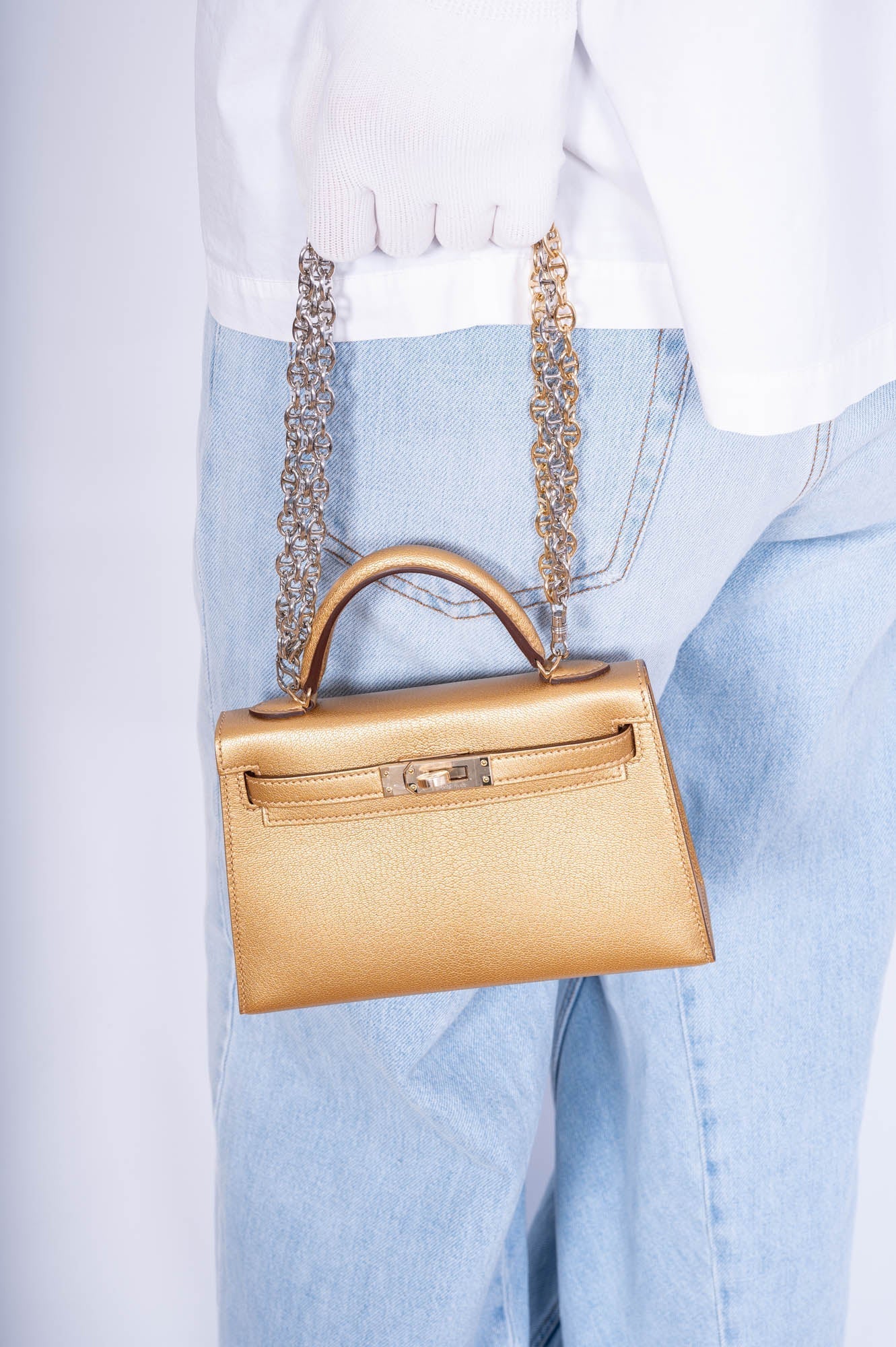Hermès Kelly 20 Mini II Sellier Olympic Gold Metallic Doré Chèvre Chamkilight Gold Hardware