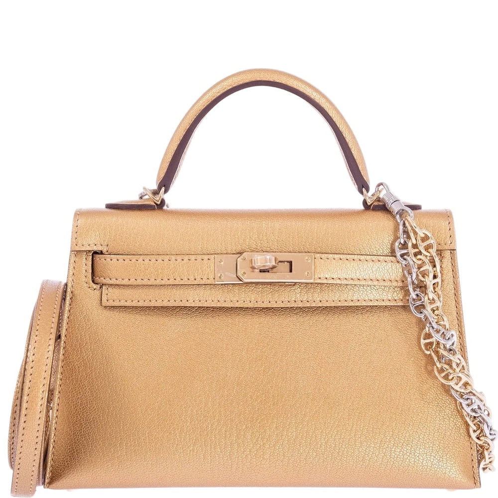 Hermès Kelly 20 Mini II Sellier Olympic Gold Metallic Doré Chèvre Chamkilight Gold Hardware