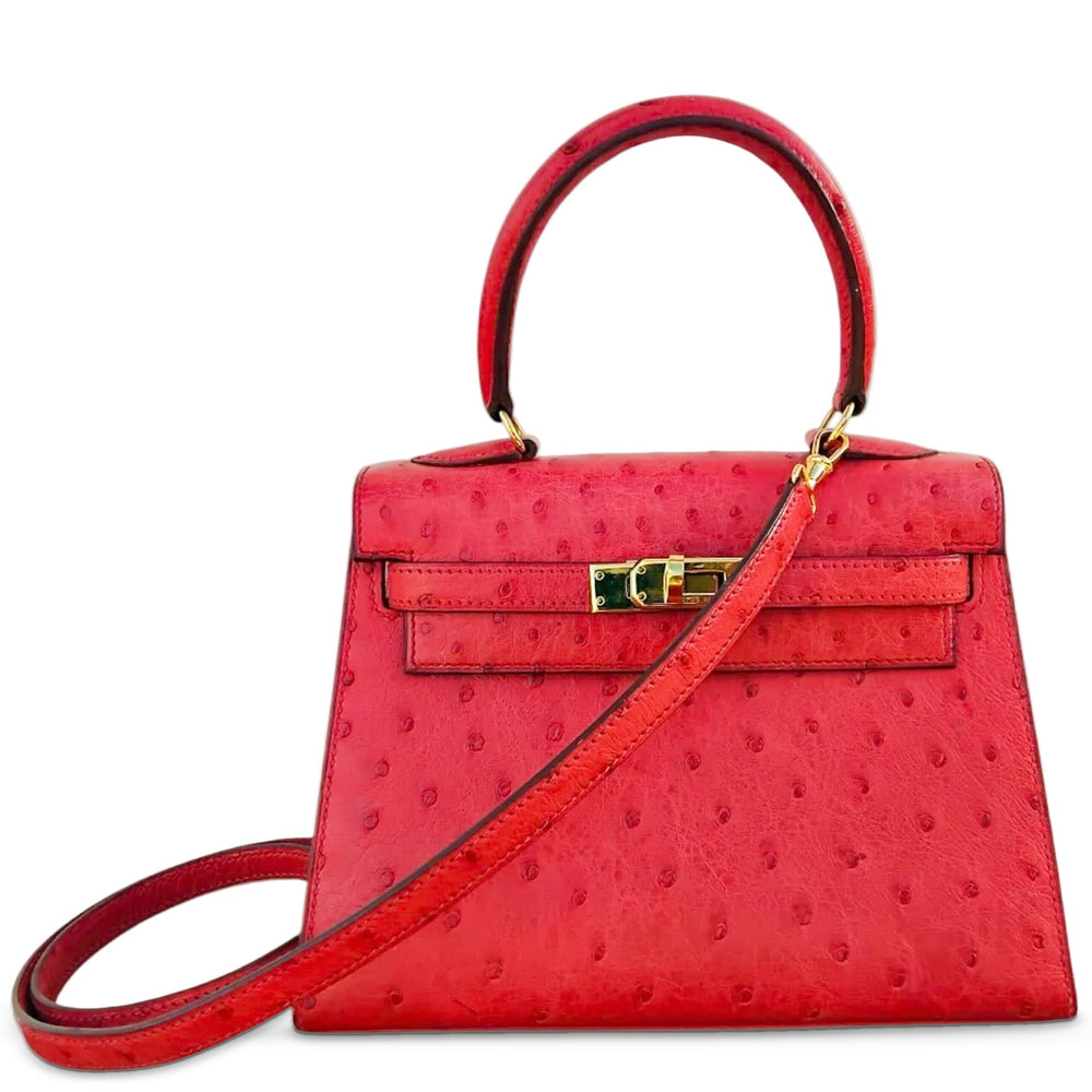 Hermès Kelly 20 Mini Sellier Vintage Rouge Vif Ostrich Gold Hardware, front view