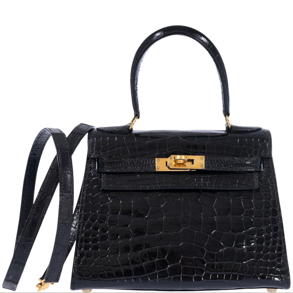 Hermès Kelly 20 Vintage Retourne Noir Shiny Porosus Crocodile Gold Hardware