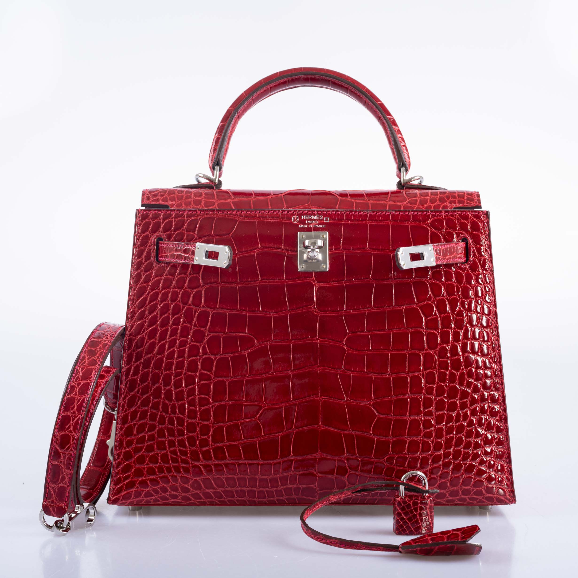 Hermès Kelly 25 HSS Sellier Braise Shiny Alligator and Rose Shocking Interior Palladium Hardware