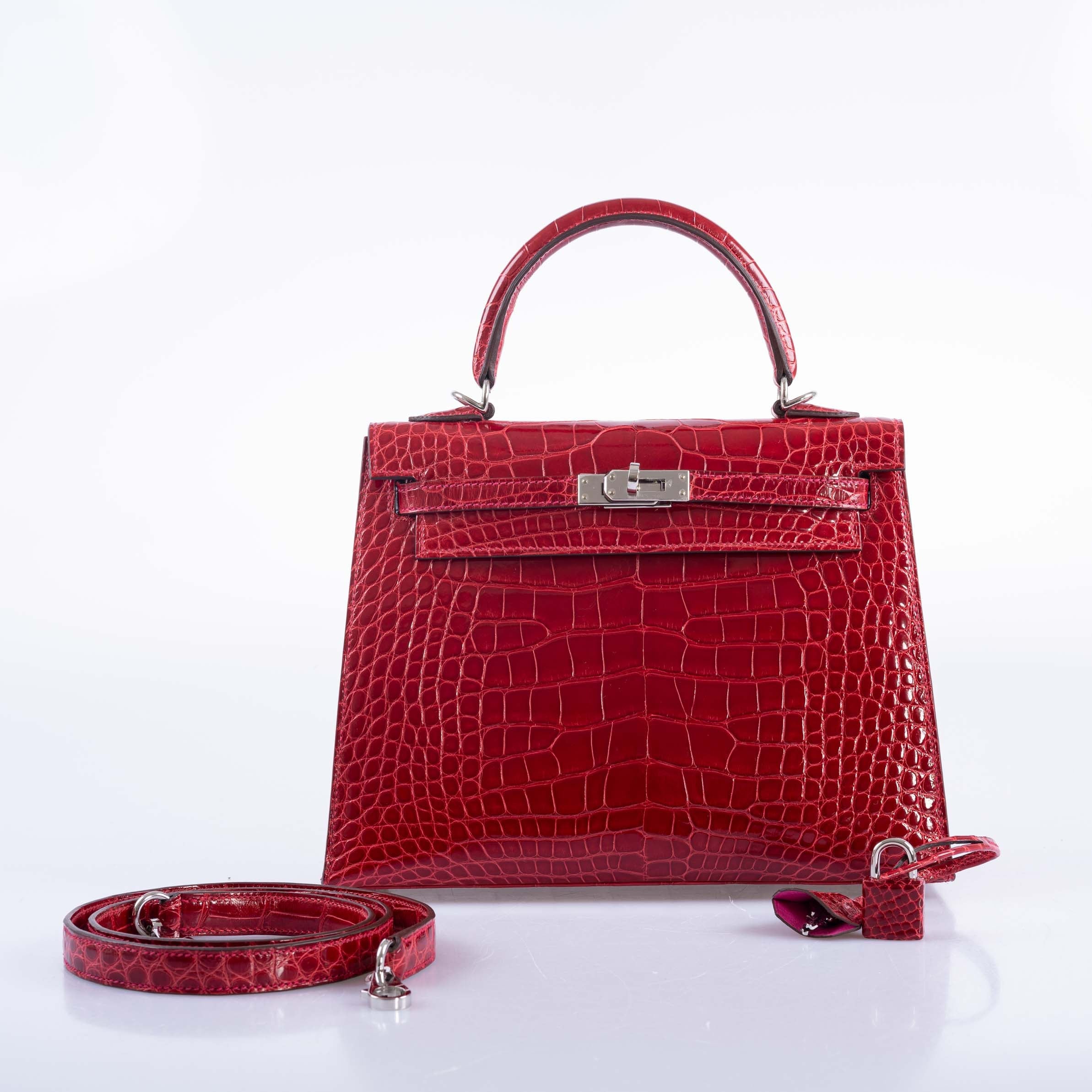 Hermès Kelly 25 HSS Sellier Braise Shiny Alligator and Rose Shocking Interior Palladium Hardware