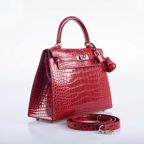 Hermès Kelly 25 HSS Sellier Braise Shiny Alligator and Rose Shocking Interior Palladium Hardware