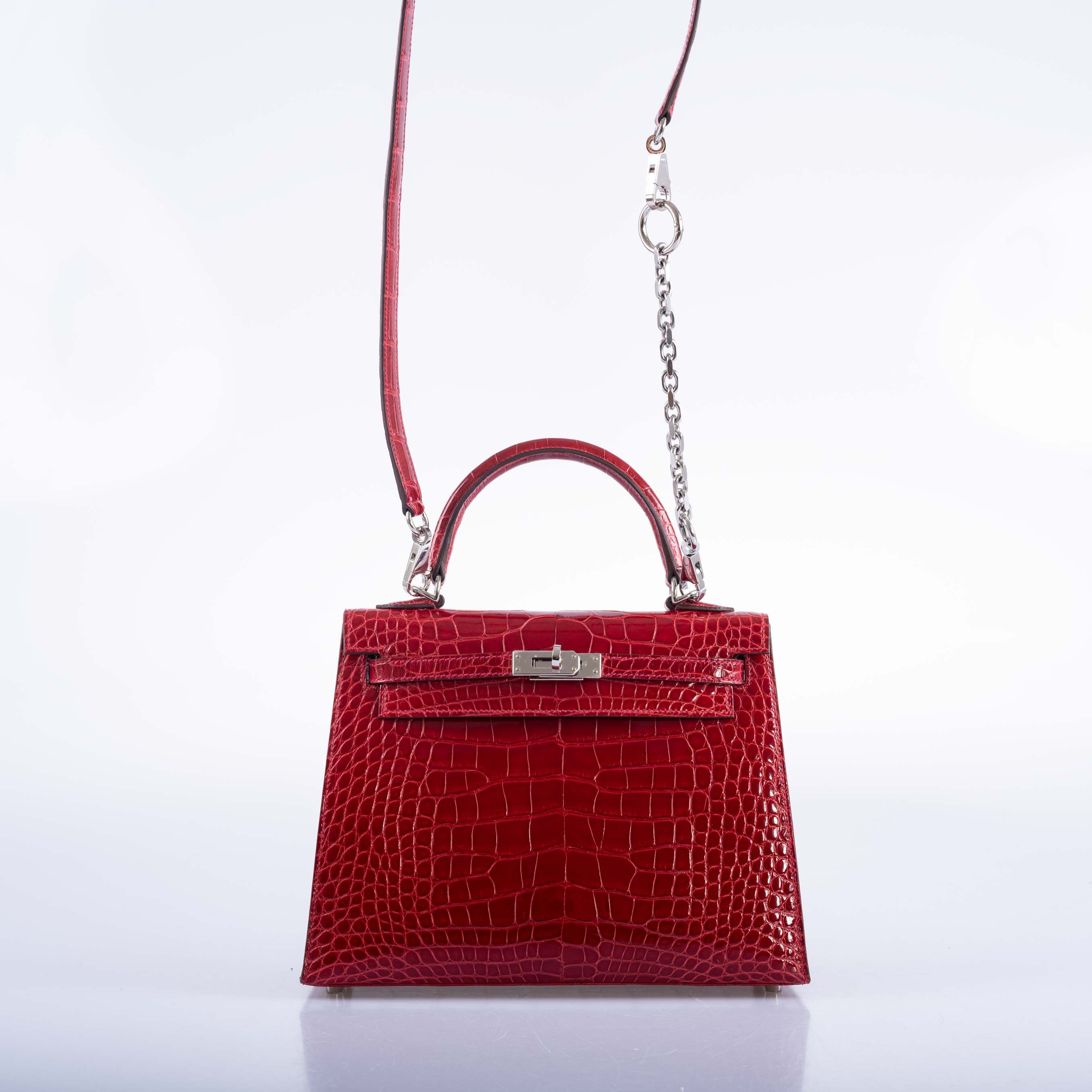 Hermès Kelly 25 HSS Sellier Braise Shiny Alligator and Rose Shocking Interior Palladium Hardware