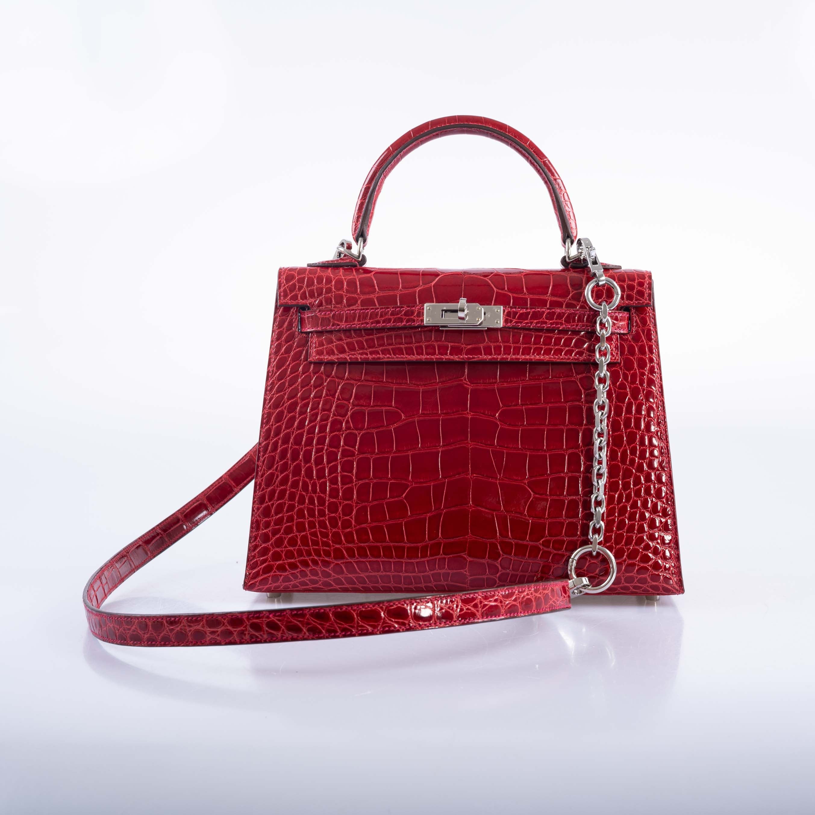 Hermès Kelly 25 HSS Sellier Braise Shiny Alligator and Rose Shocking Interior Palladium Hardware