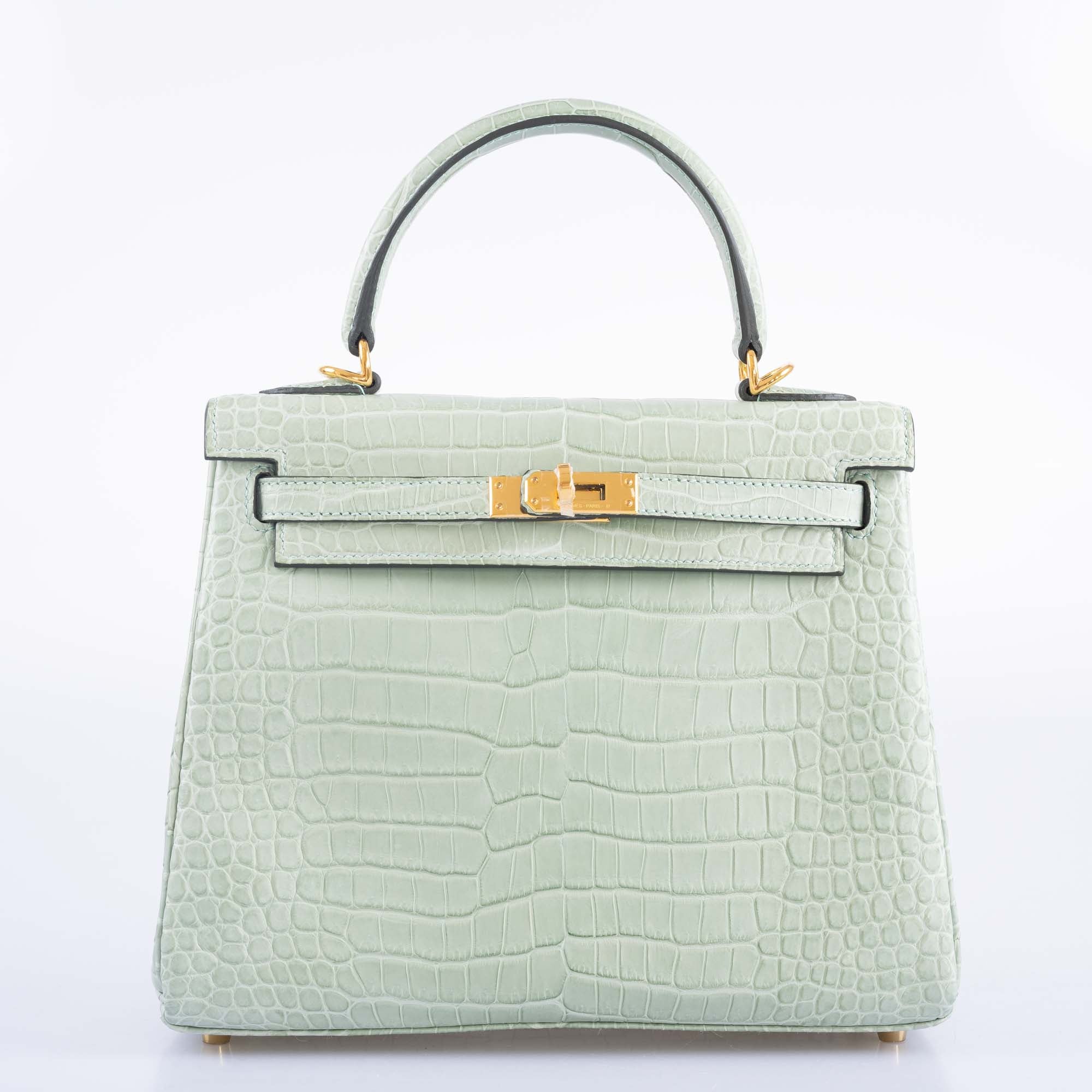 Hermes Kelly 25 Matte Vert d'Eau Porosus Crocodile Gold Hardware