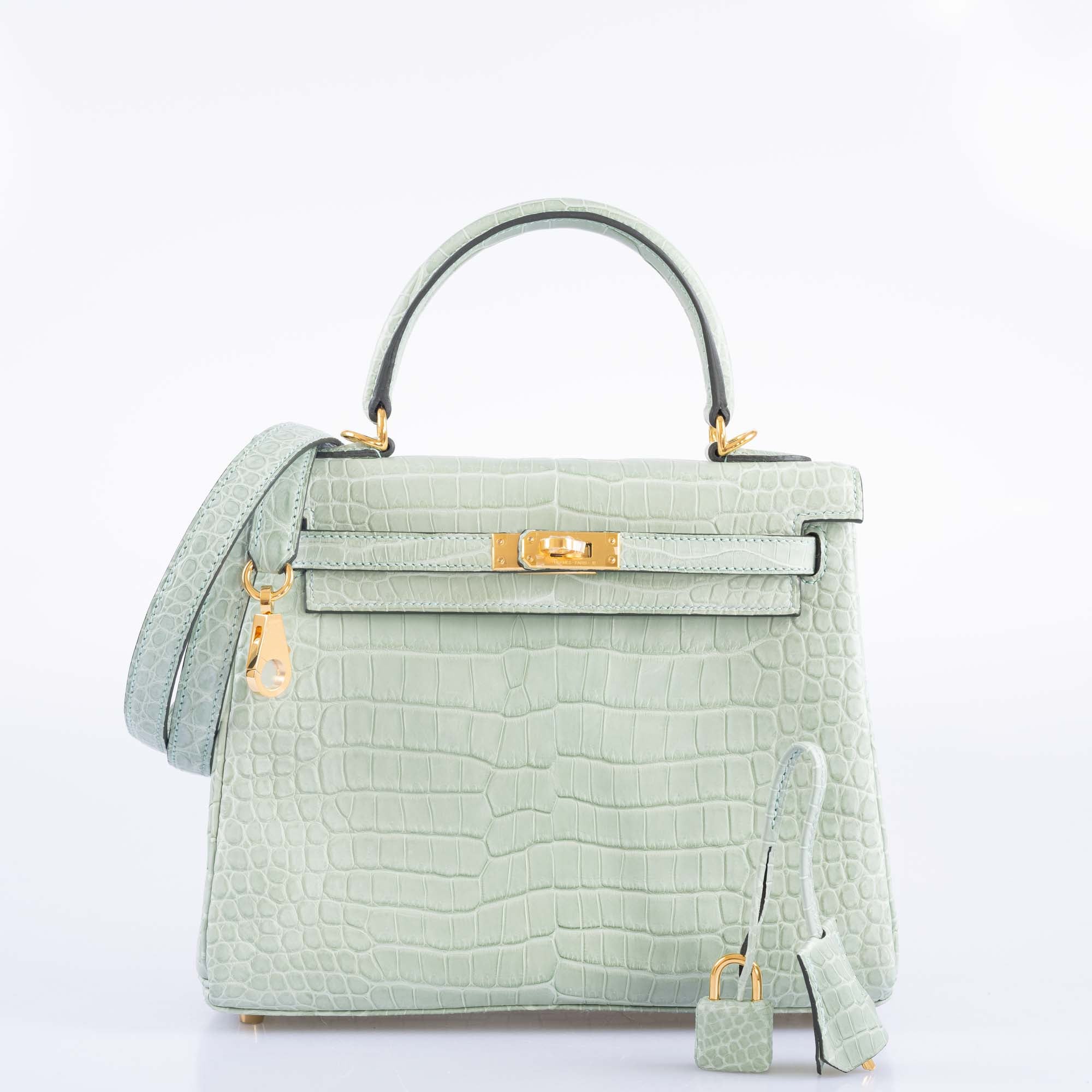 Hermes Kelly 25 Matte Vert d'Eau Porosus Crocodile Gold Hardware