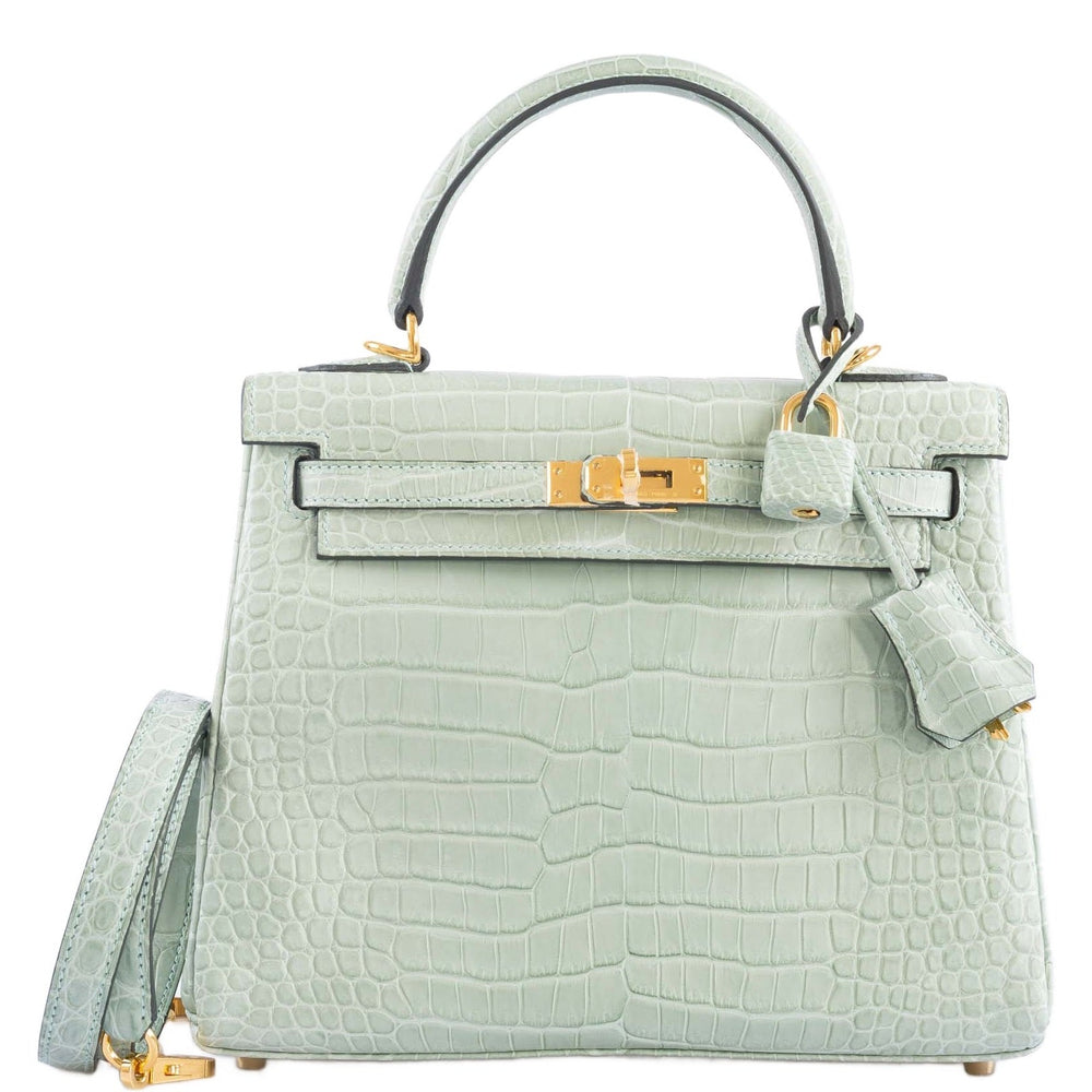 Hermès Kelly 25 Matte Vert d'Eau Porosus Crocodile Gold Hardware