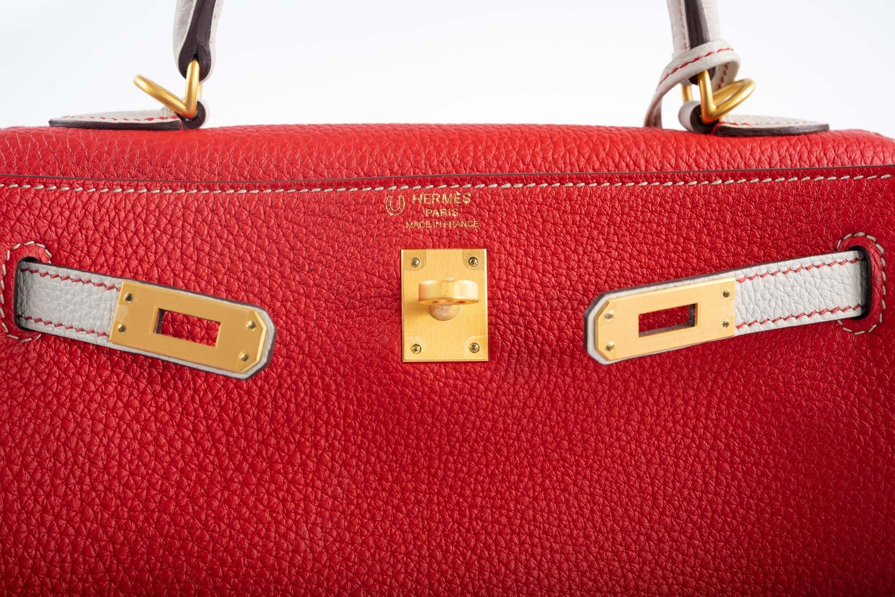 Hermès Kelly 25 Retourne HSS Rouge de Coeur/Craie Togo Brushed Gold Hardware