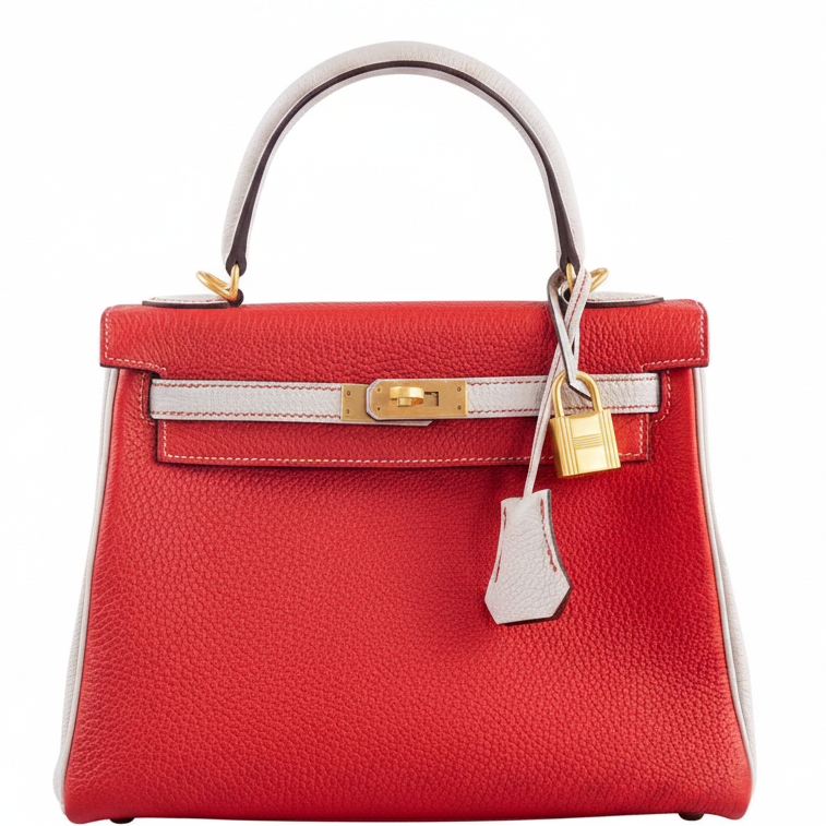 Hermès Kelly 25 Retourne HSS Rouge de Coeur/Craie Togo Brushed Gold Hardware