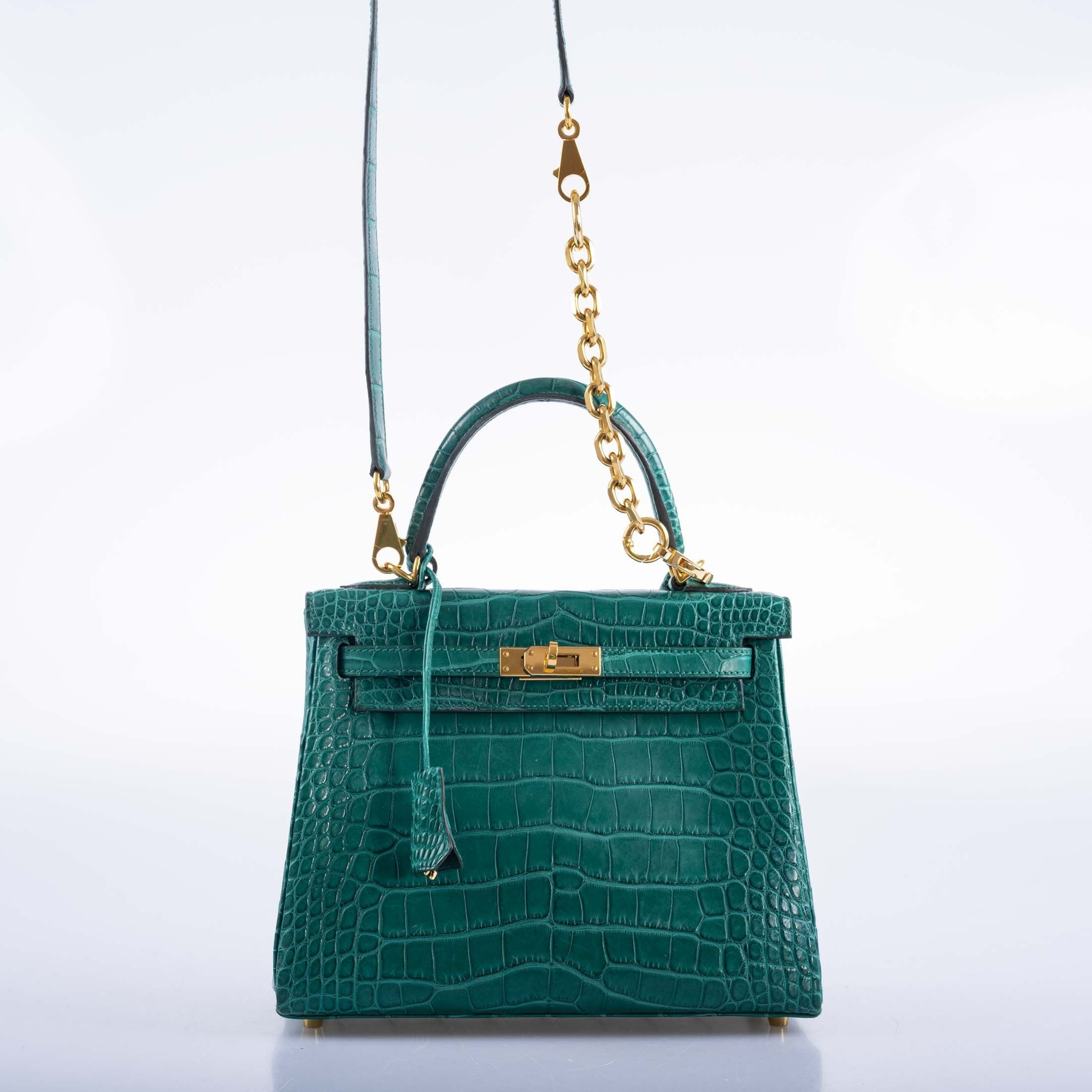 Hermès Kelly 25 Retourne Malachite Matte Alligator Gold Hardware