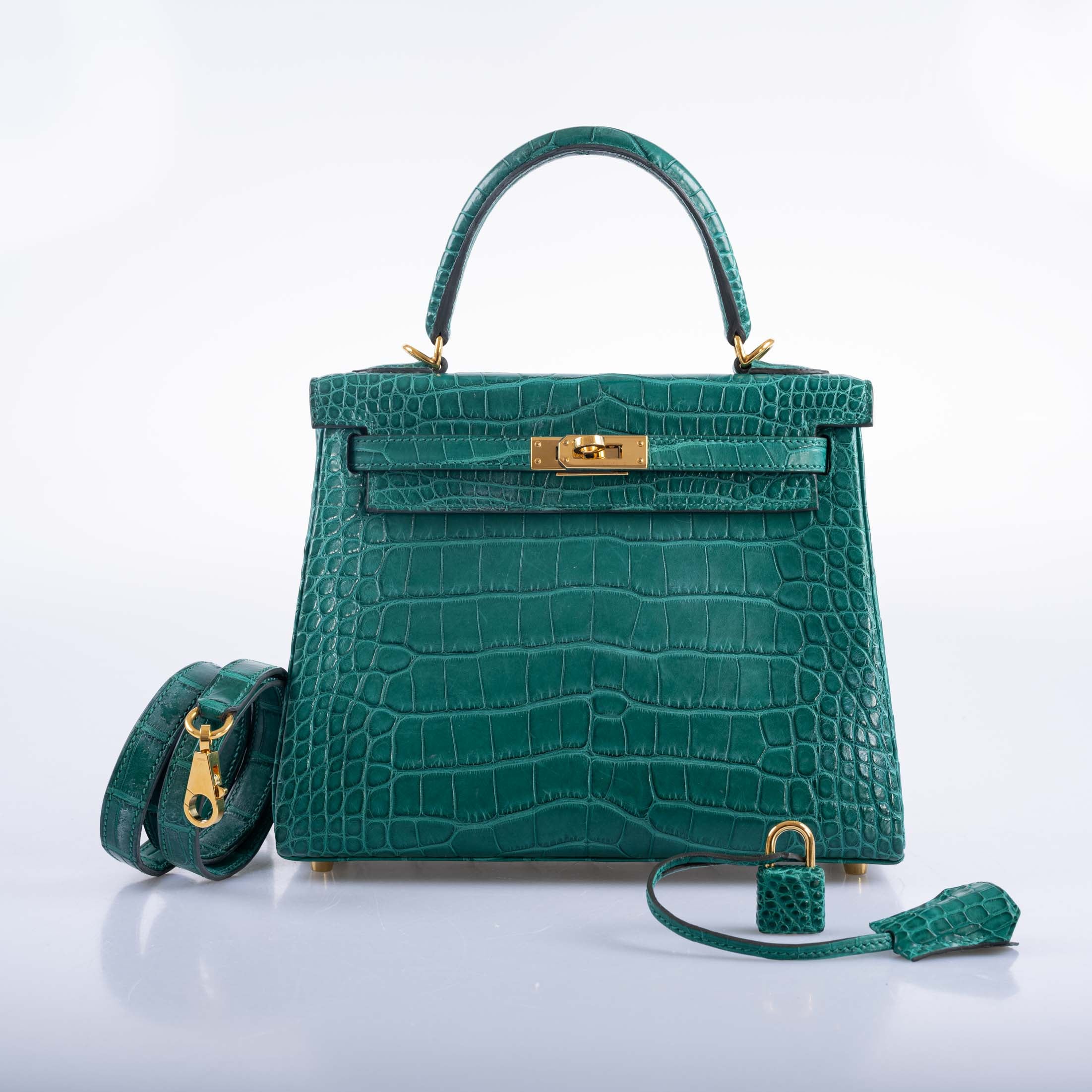 Hermès Kelly 25 Retourne Malachite Matte Alligator Gold Hardware