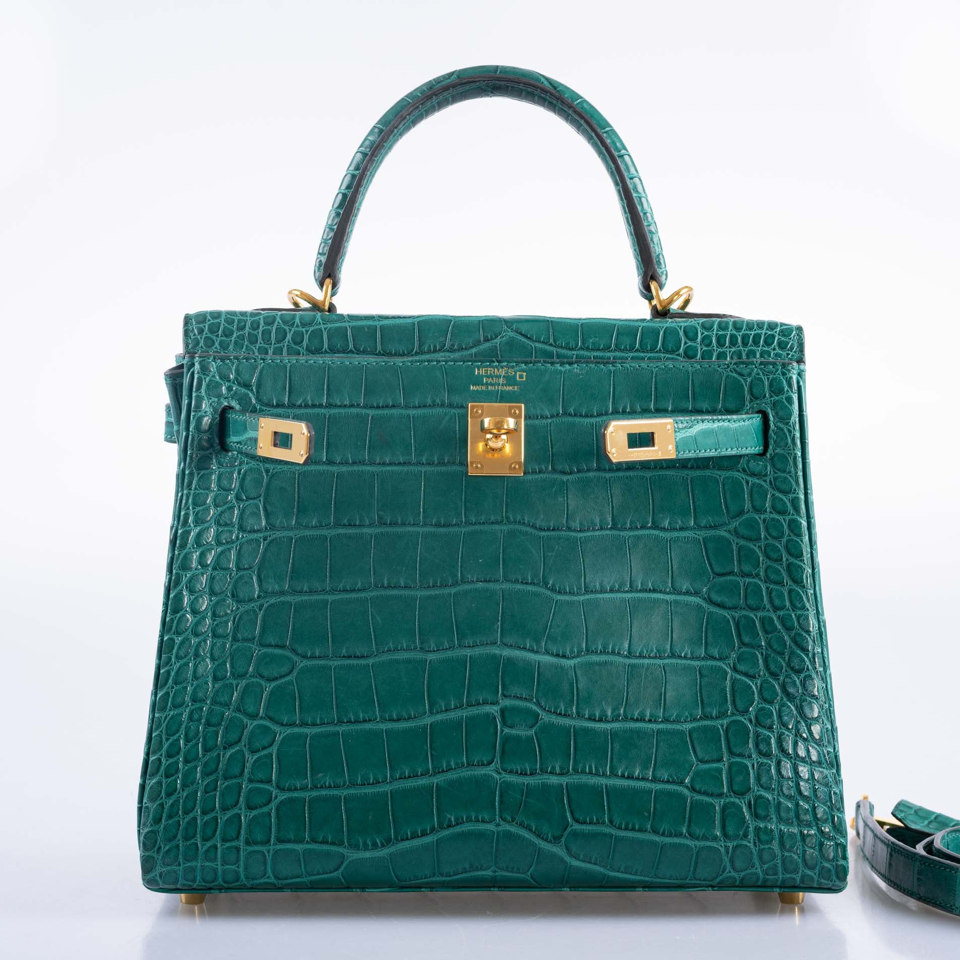 Hermès Kelly 25 Retourne Malachite Matte Alligator Gold Hardware