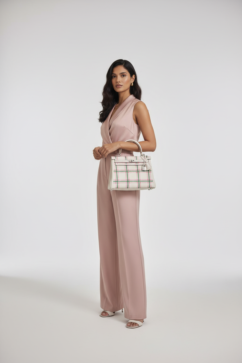 Hermès Kelly 25 Retourne Tartan Light Gris Pale Vert Moyen Bubblegum Swift Palladium Hardware