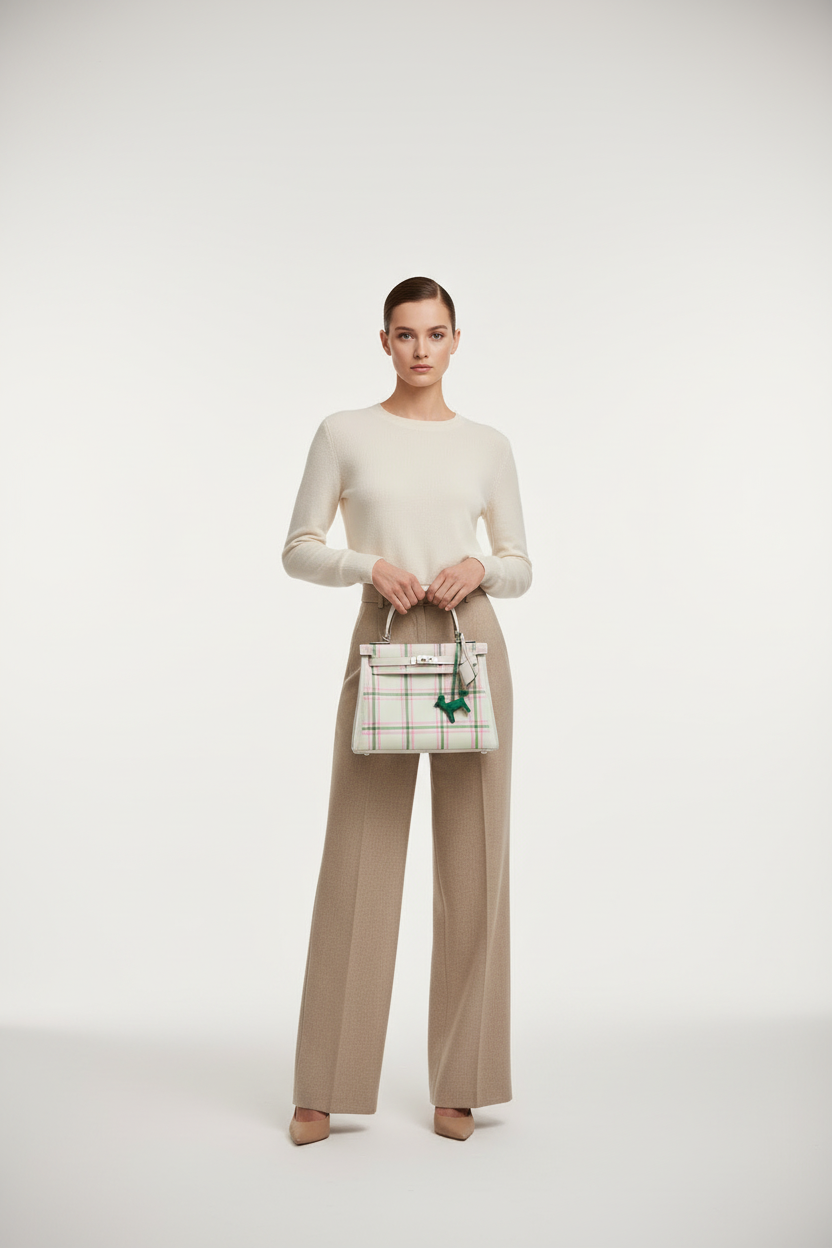 Hermès Kelly 25 Retourne Tartan Light Gris Pale Vert Moyen Bubblegum Swift Palladium Hardware